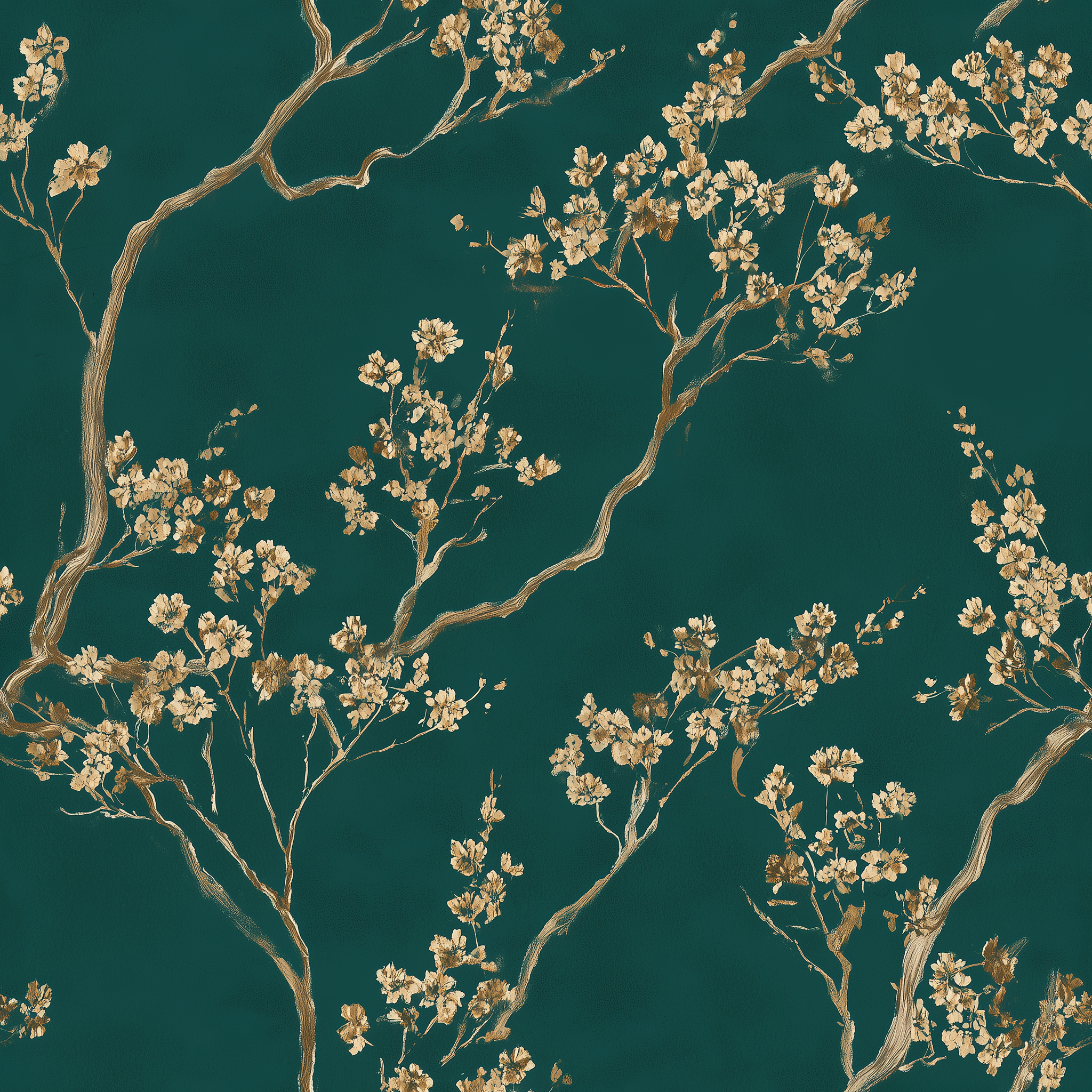 Painterly gold flower wallpaper design

Elegant teal wallpaper with golden blooms