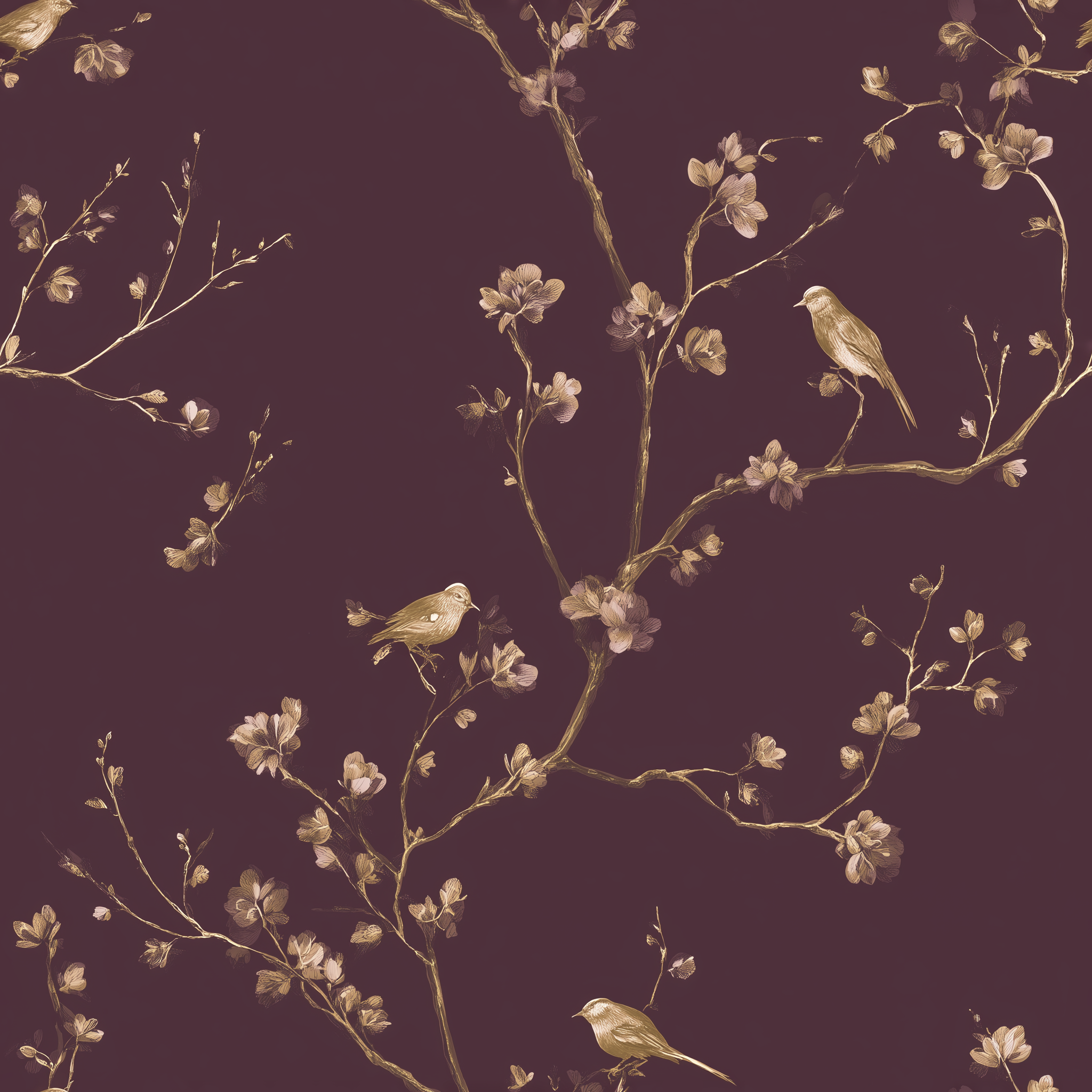Bird and botanical wallpaper on dark red
Elegant songbird mural design