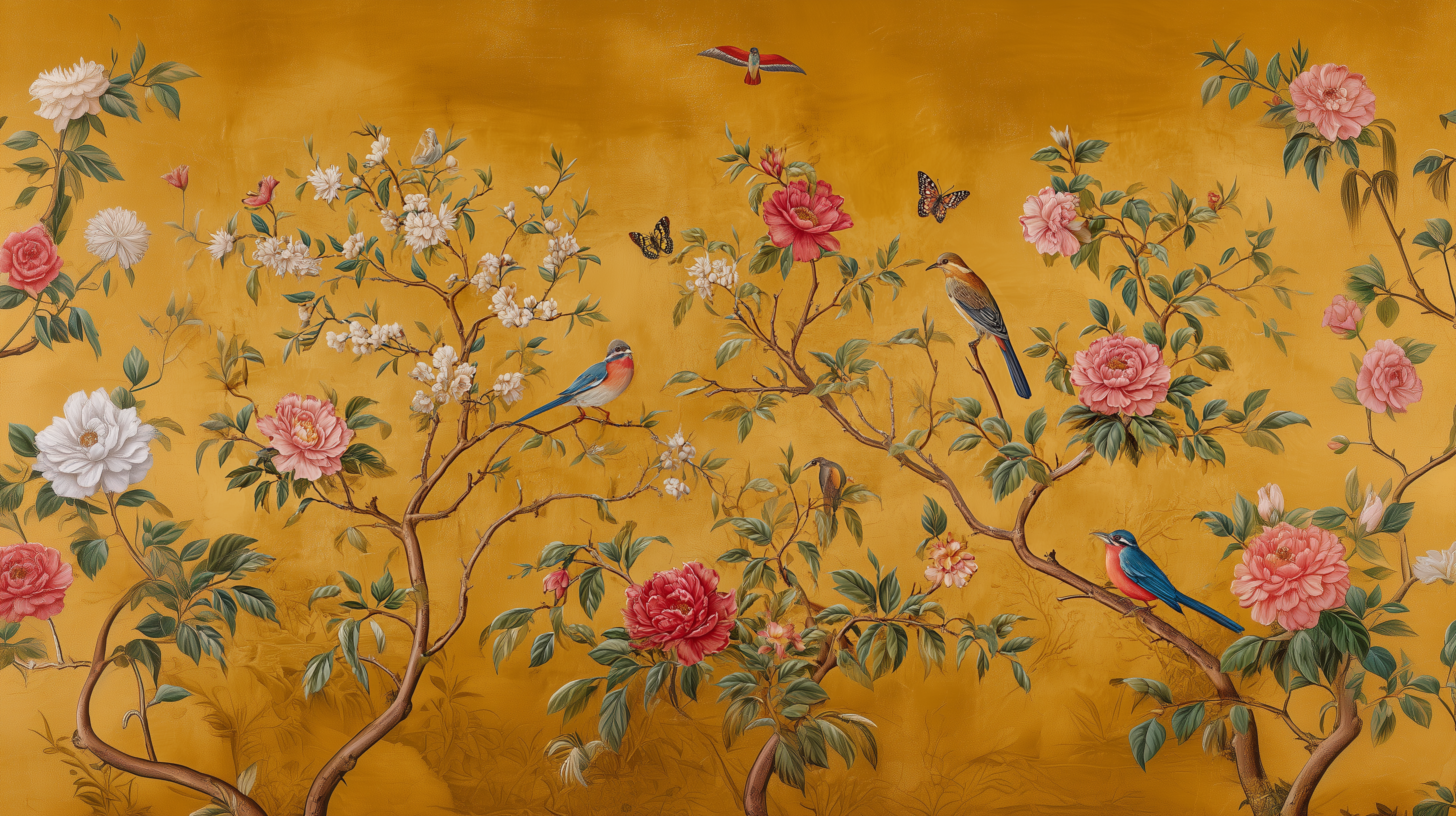 gold floral mural with birds and butterflies
vintage asian style yellow wallpaper