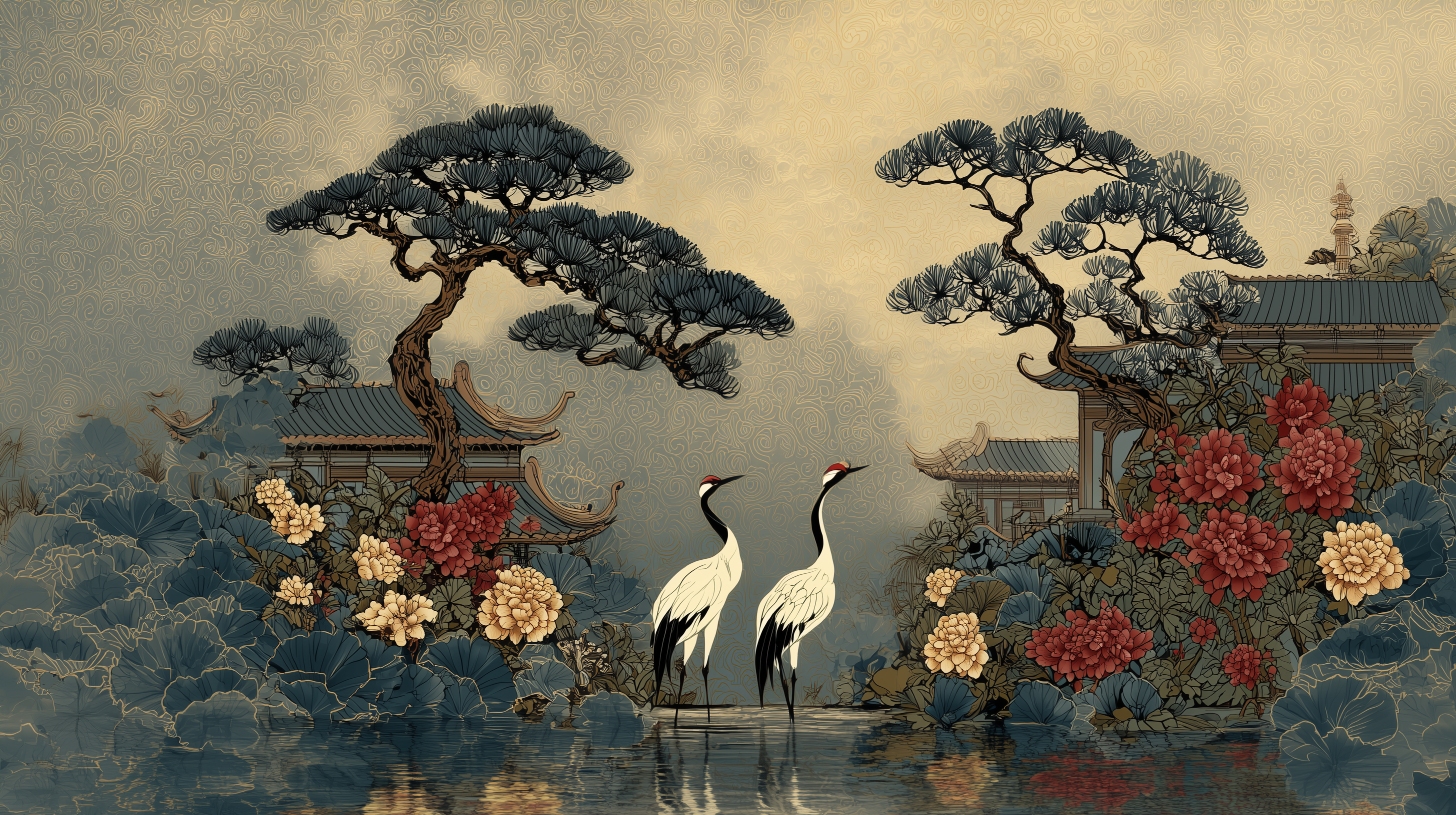 asian mural pine trees architecture design
crane wallpaper floral garden scene