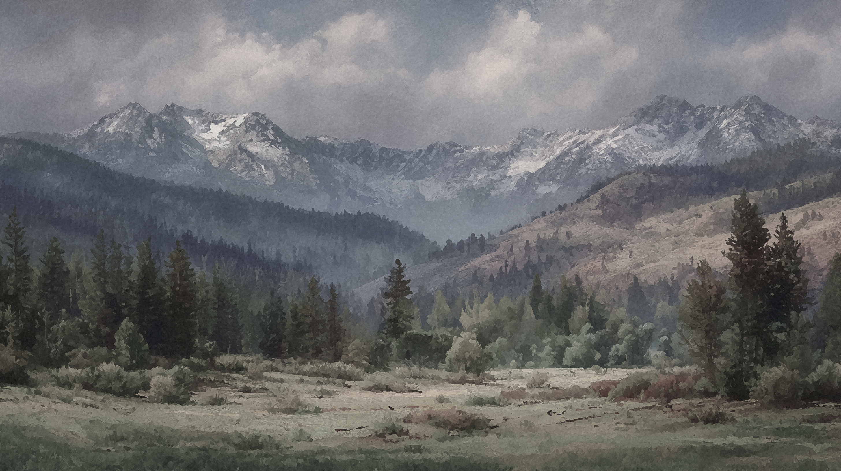 vintage mountain mural misty forest hills artwork
earth tone landscape wallpaper mountain forest scene