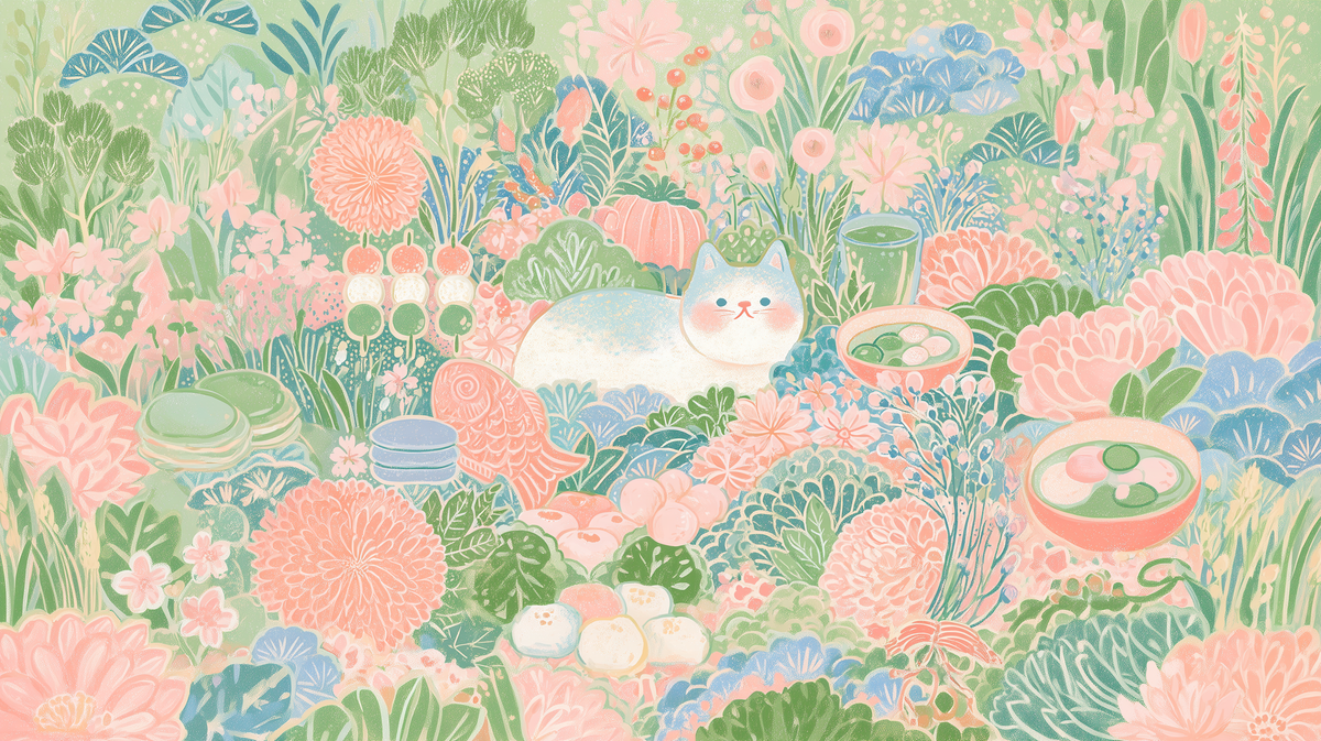 cute cat wallpaper with Japanese garden illustrations
kawaii Japan wallpaper with flowers tea and sweets