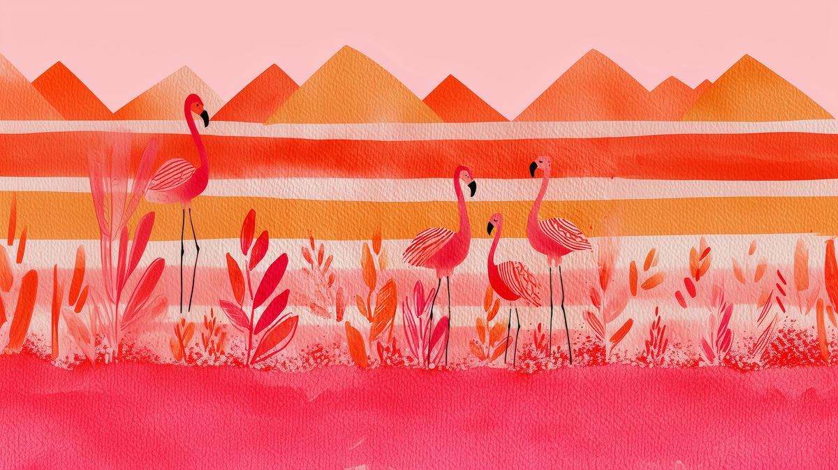 Tropical flamingo wall mural with abstract mountain landscape
Pink and orange flamingo wallpaper with geometric mountains