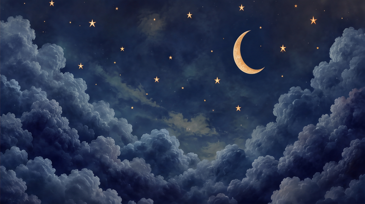 Celestial wallpaper with crescent moon golden stars and clouds
Starry sky wallpaper with dramatic blue clouds and crescent moon