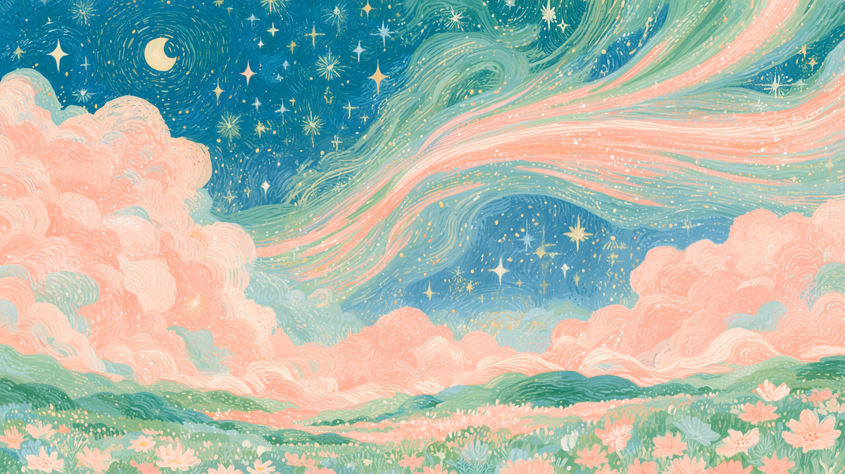 Dreamy night sky wallpaper with pastel clouds and wildflower meadow
Whimsical celestial wall mural with turquoise sky and pink clouds