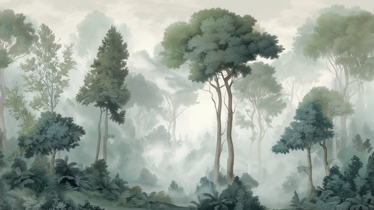 Foggy woodland wall mural with eucalyptus green forest landscape
Atmospheric forest wallpaper with tall trees ferns and mist