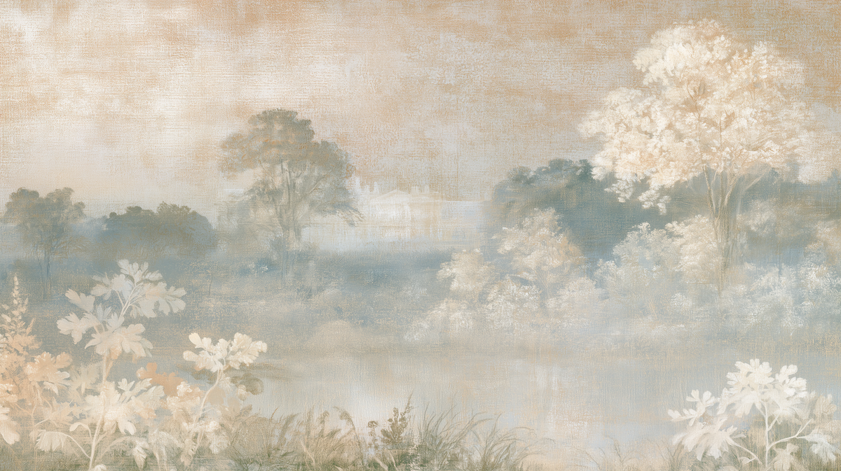 Vintage countryside wall mural with meadow trees and wildflowers
Beige and blue botanical landscape wallpaper with antique textile texture