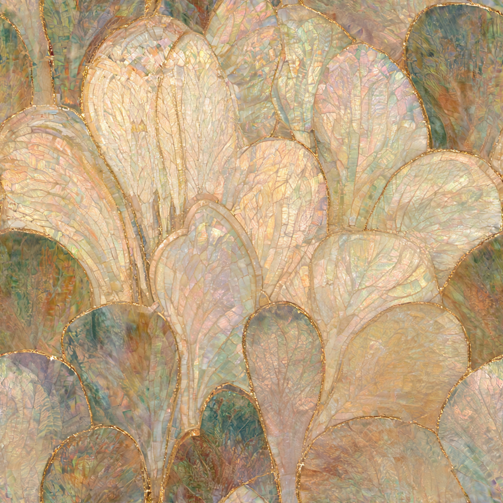 Luxury green and gold mosaic wallpaper with botanical shapes
Iridescent botanical wallpaper in sage teal blush and gold
