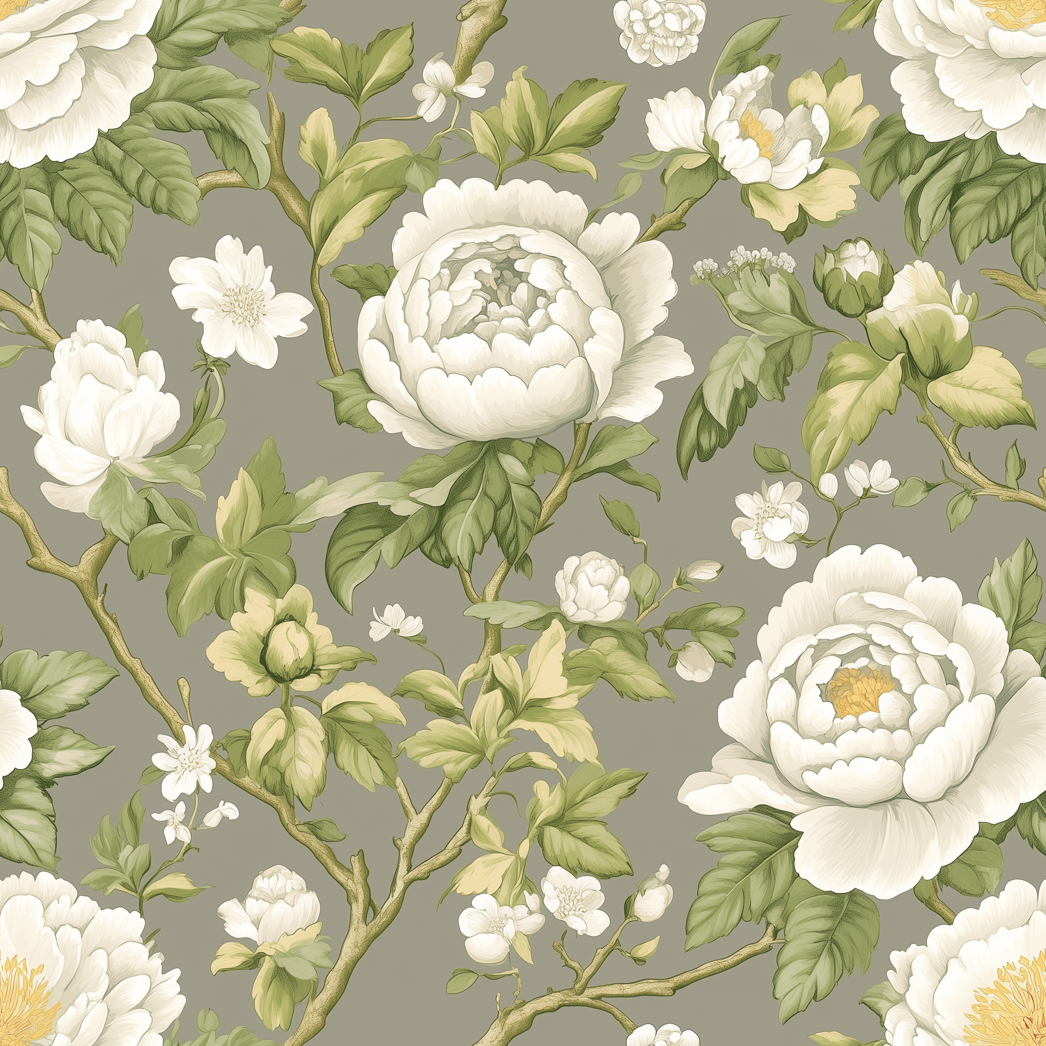 Vintage floral wallpaper with white flowers on grey
Easy-to-remove floral wallpaper for elegant interiors