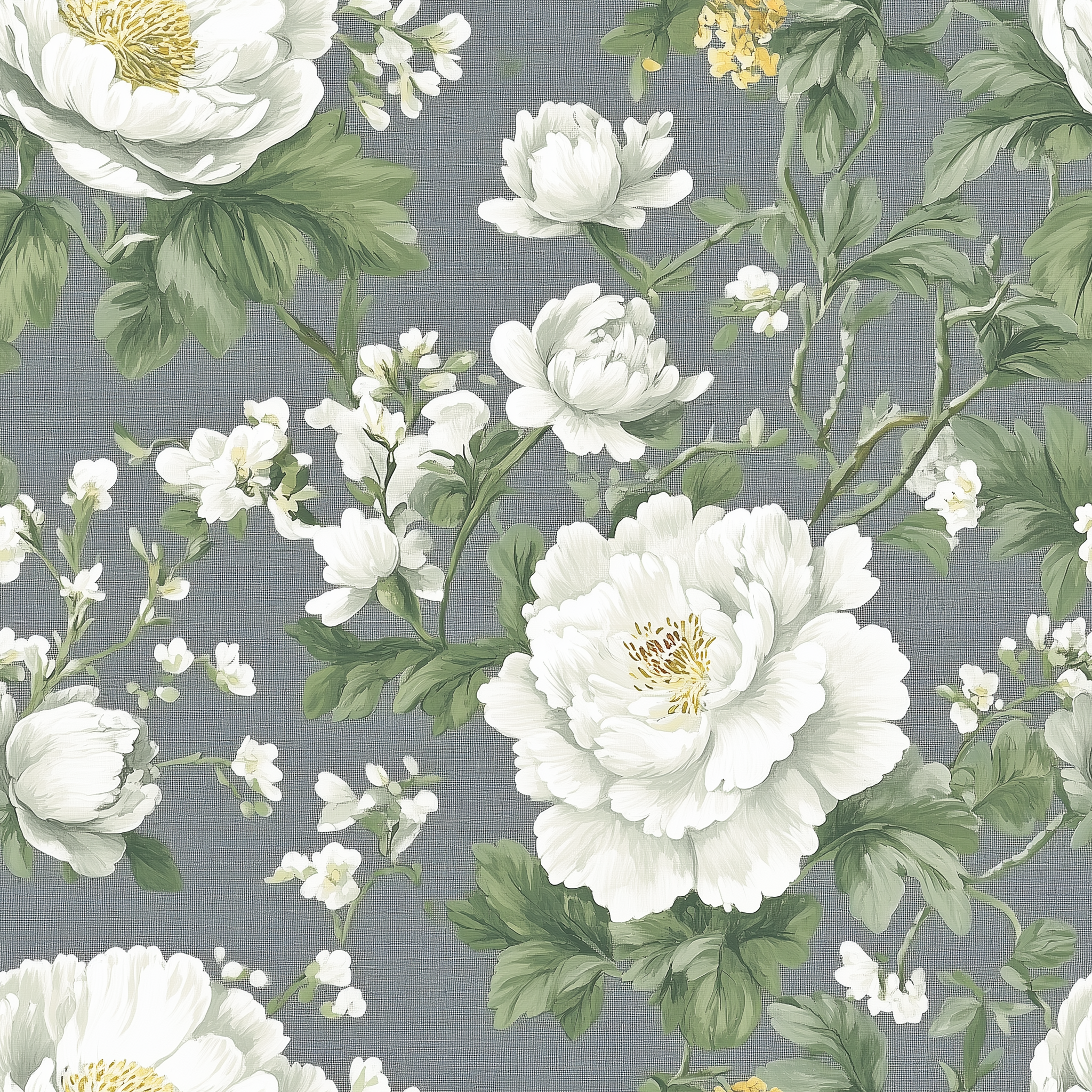 Peel and stick classic flower pattern wallpaper for modern interiors
White floral wallpaper on grey linen background for timeless style