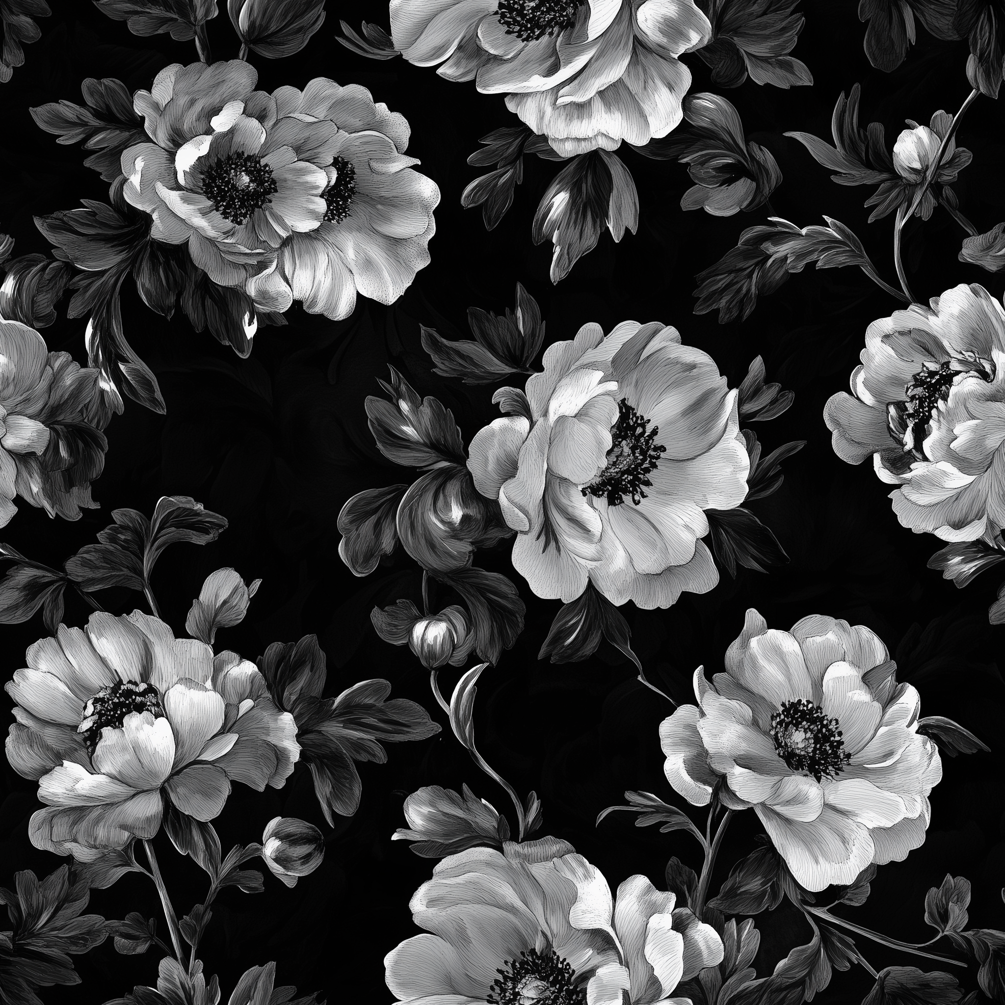 Dark botanical wallpaper for classic home interiors
Easy-to-remove black and white floral wallpaper