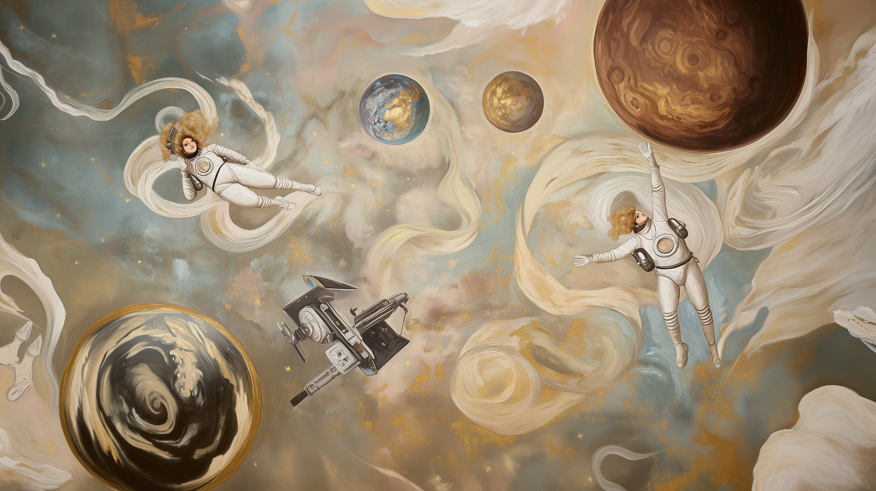 Removable futuristic space mural with cosmic design.
Outer space-themed wallpaper with astronaut floating.