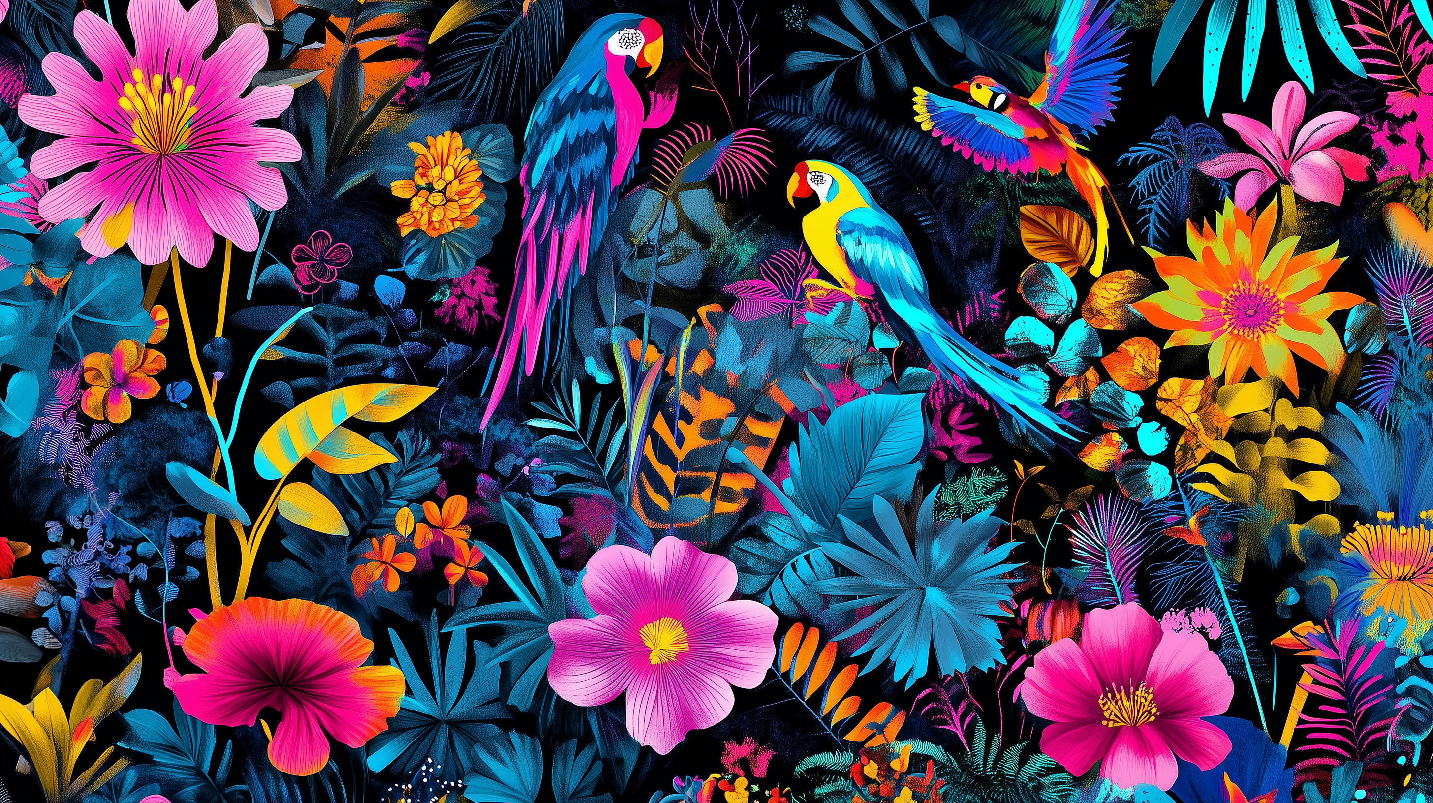 Vibrant neon jungle mural with exotic flowers.
Removable colorful forest wall decor.