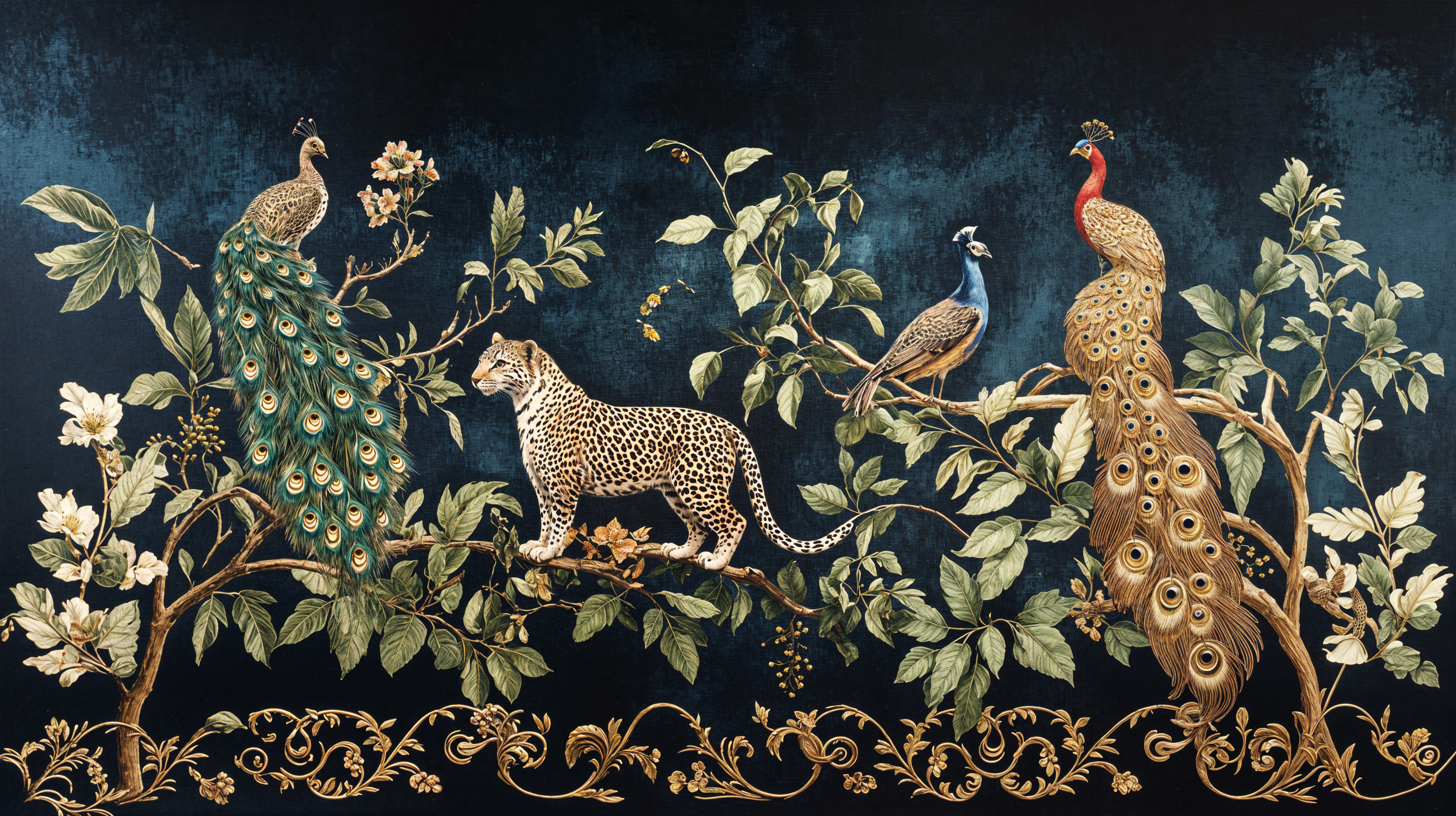 Luxury dark blue and gold chinoiserie mural.
Removable tropical wall decor with peacock design.