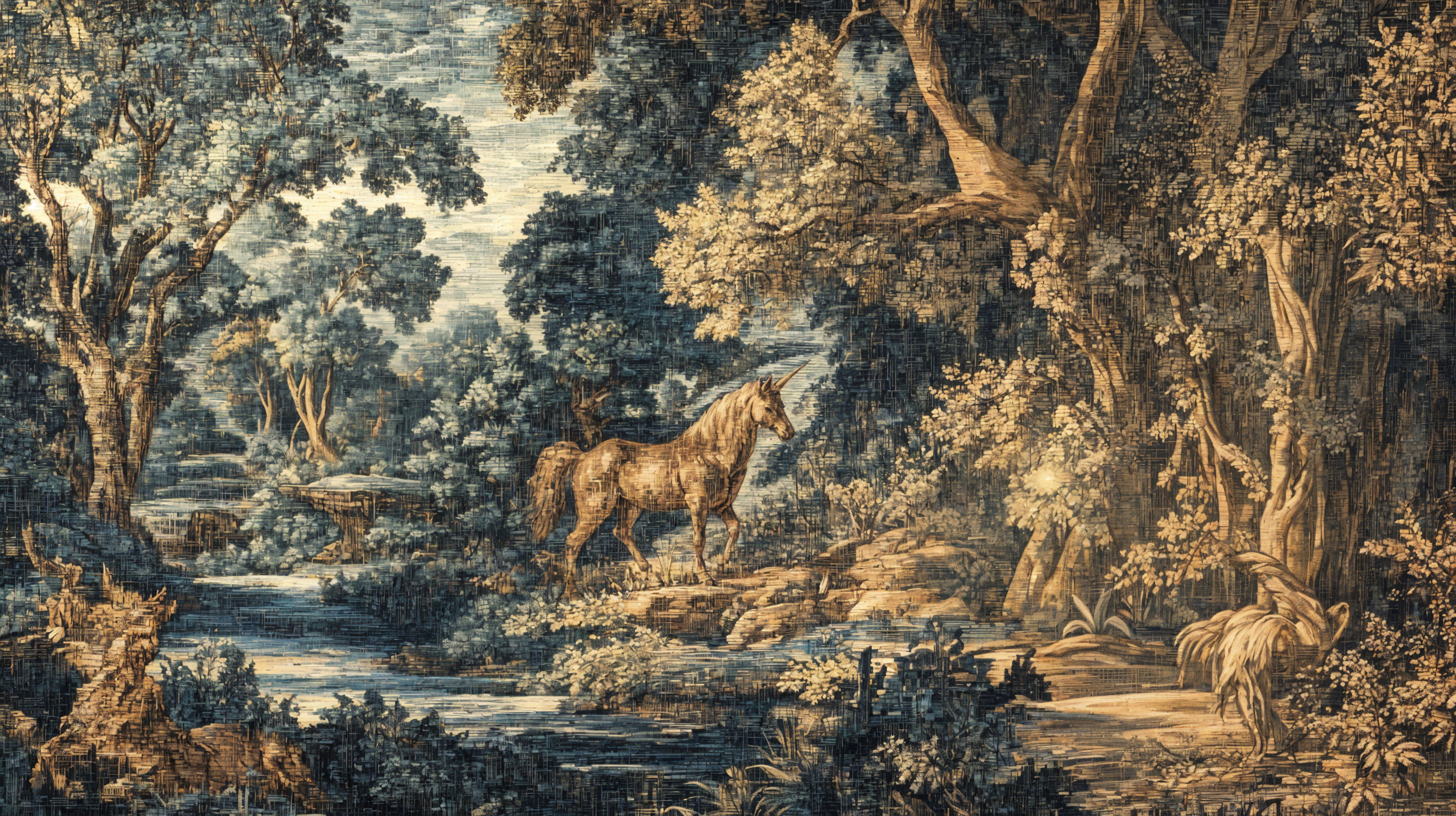 Golden-hued mystical forest mural with unicorn.
Removable old-style wallpaper with mythical creature.