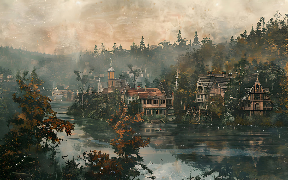Riverside Town in Old Style Mural - Peel and Stick Village Landscape