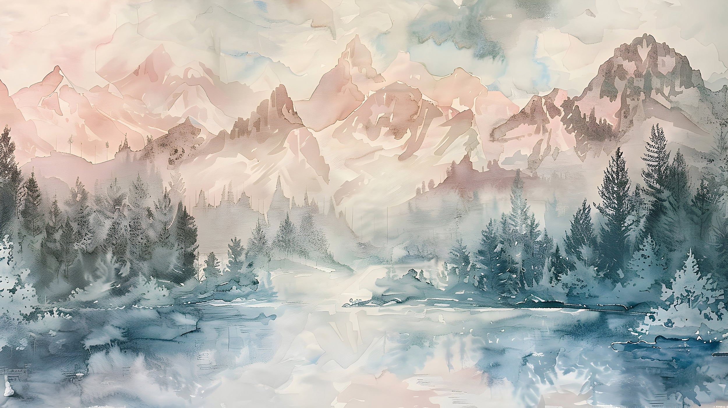 Soft Colors Mountain Lake Mural, Pastel Colors Peel and Stick Nature Landscape Wallpaper, Removable Mountains and Forest Watercolor Wall Art