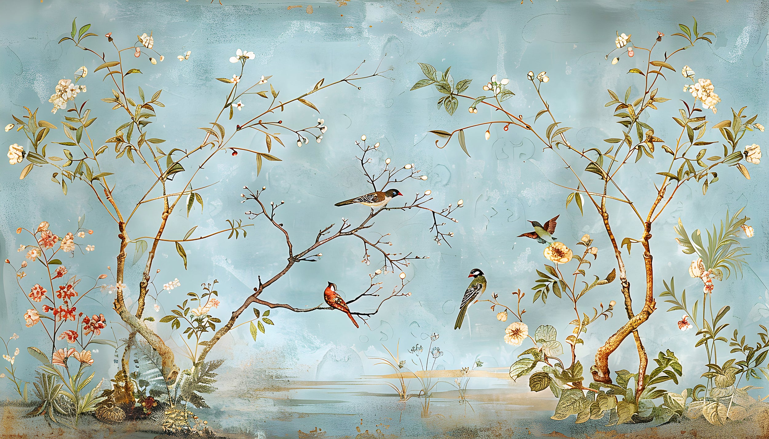 Delicate Birds on Trees Removable Wallpaper Tranquil Light Blue Chinoiserie Wallpaper