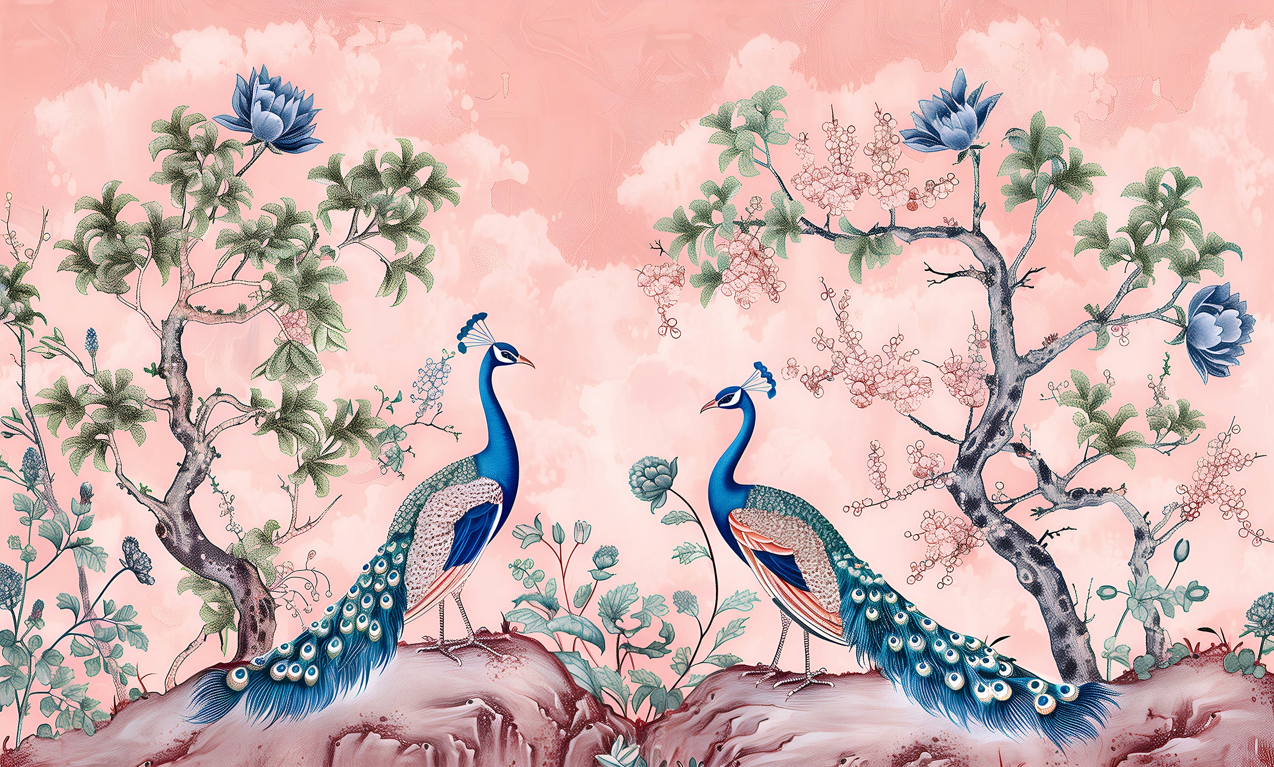 Pink and Blue Chinoiserie Wall Art Removable Japanese-inspired Wallpaper