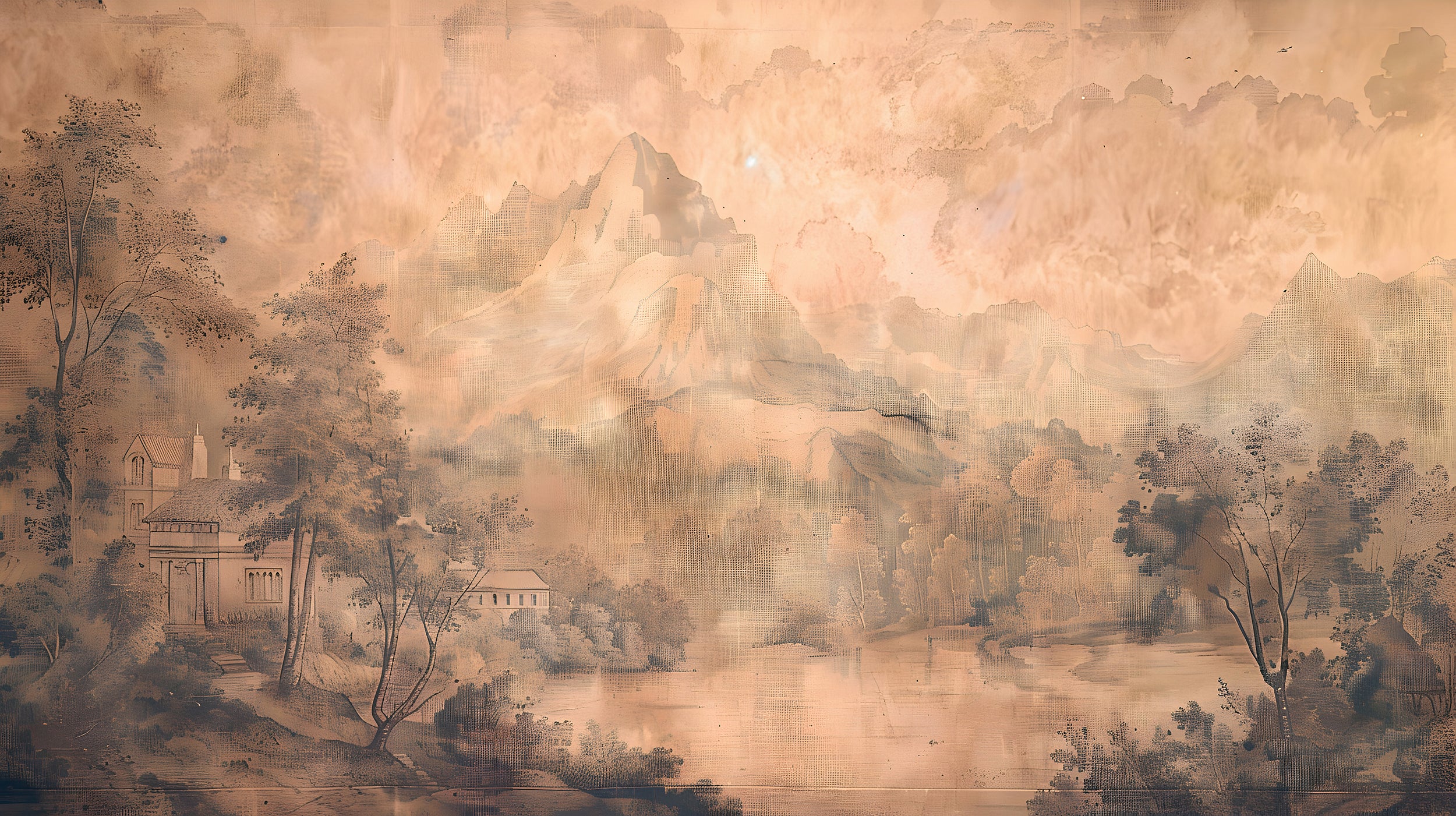Peel and stick vintage scenic wallpaper Sepia landscape wall art