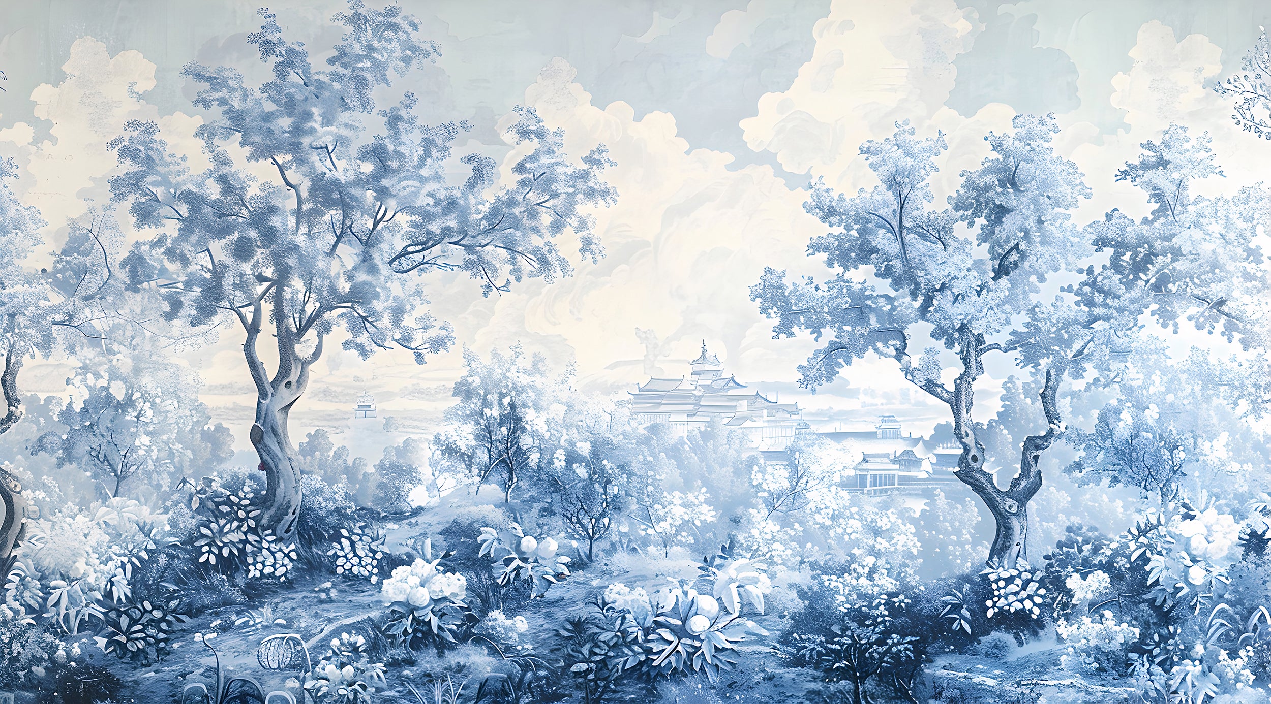 Blue monochrome landscape wallpaper Toile de Jouy style wallpaper