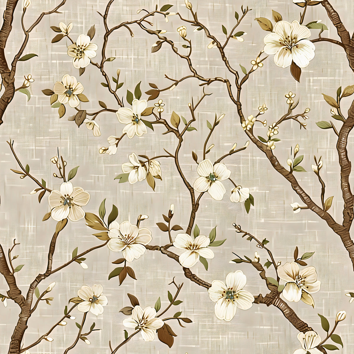 Beige Botanical Wallpaper - White Tree Flowers Wallpaper