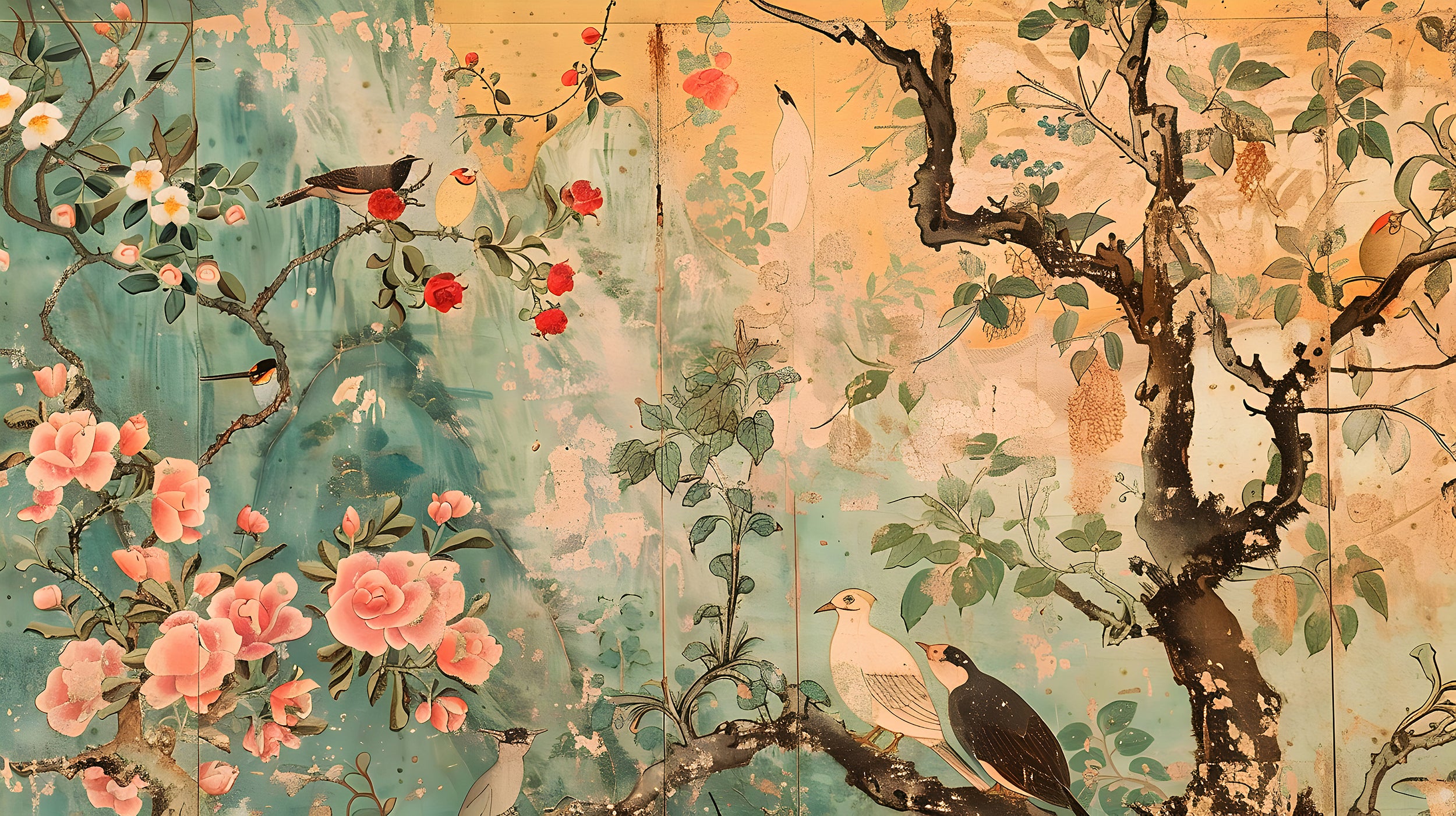 Peel and stick Japanese wallpaper Removable birds flowers and tree wall decor
