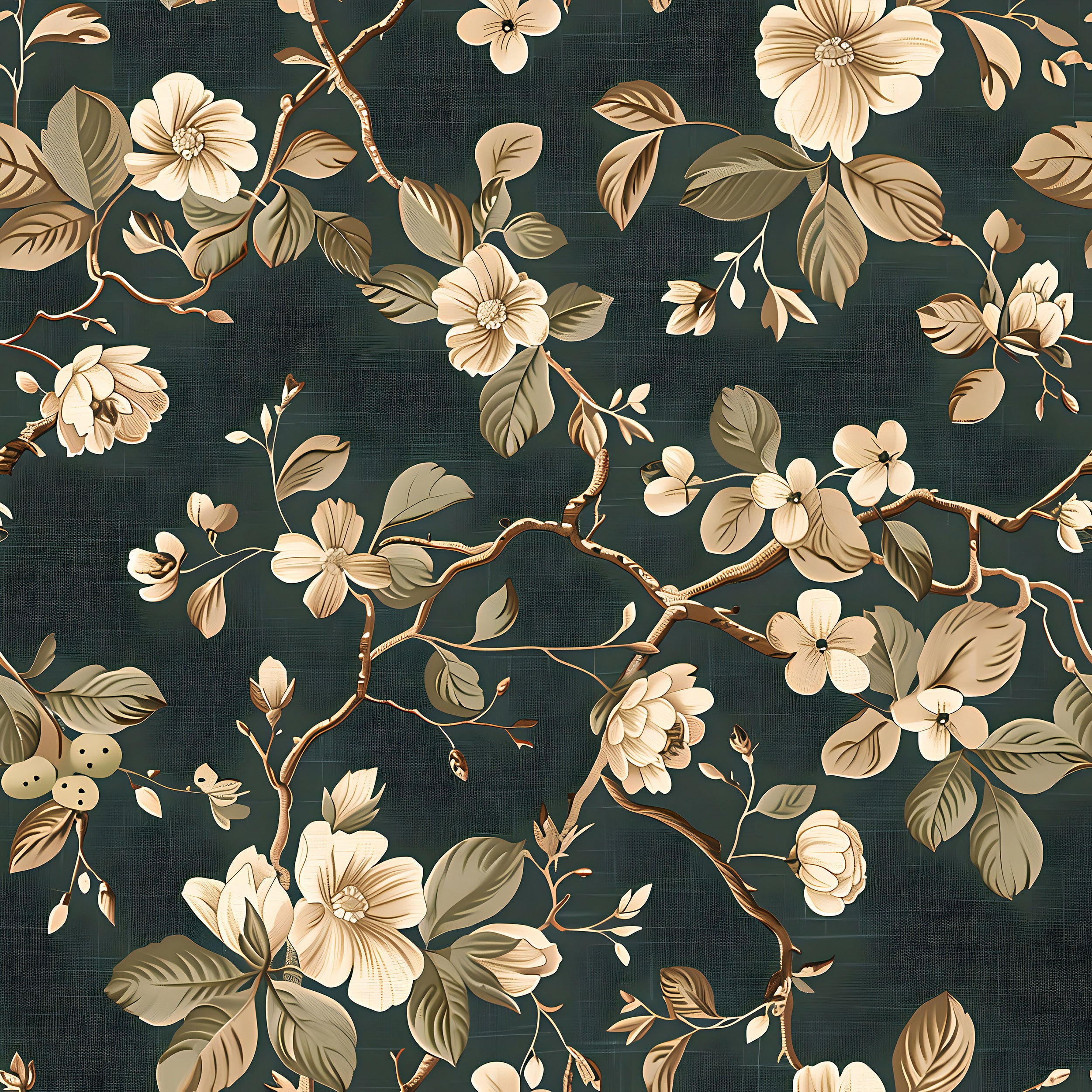 Luxury beige flowers decor Green and gold botanical wallpaper