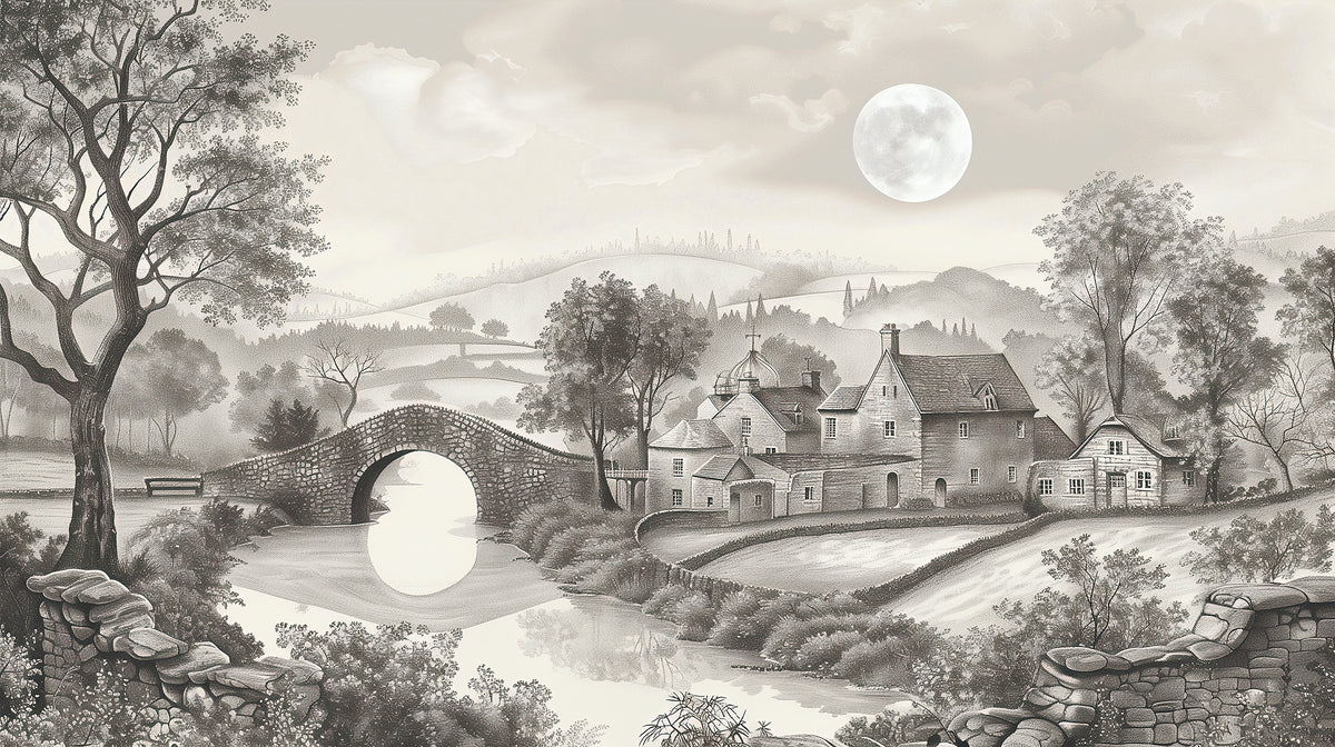 Countryside Landscape Wall Mural - Grey Monochrome Scenic Wallpaper