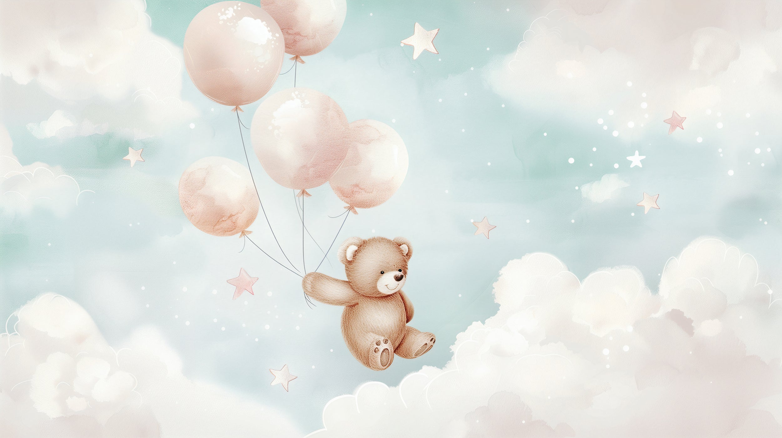 Peel and stick bear and balloons mural Watercolor clouds and stars nursery decor