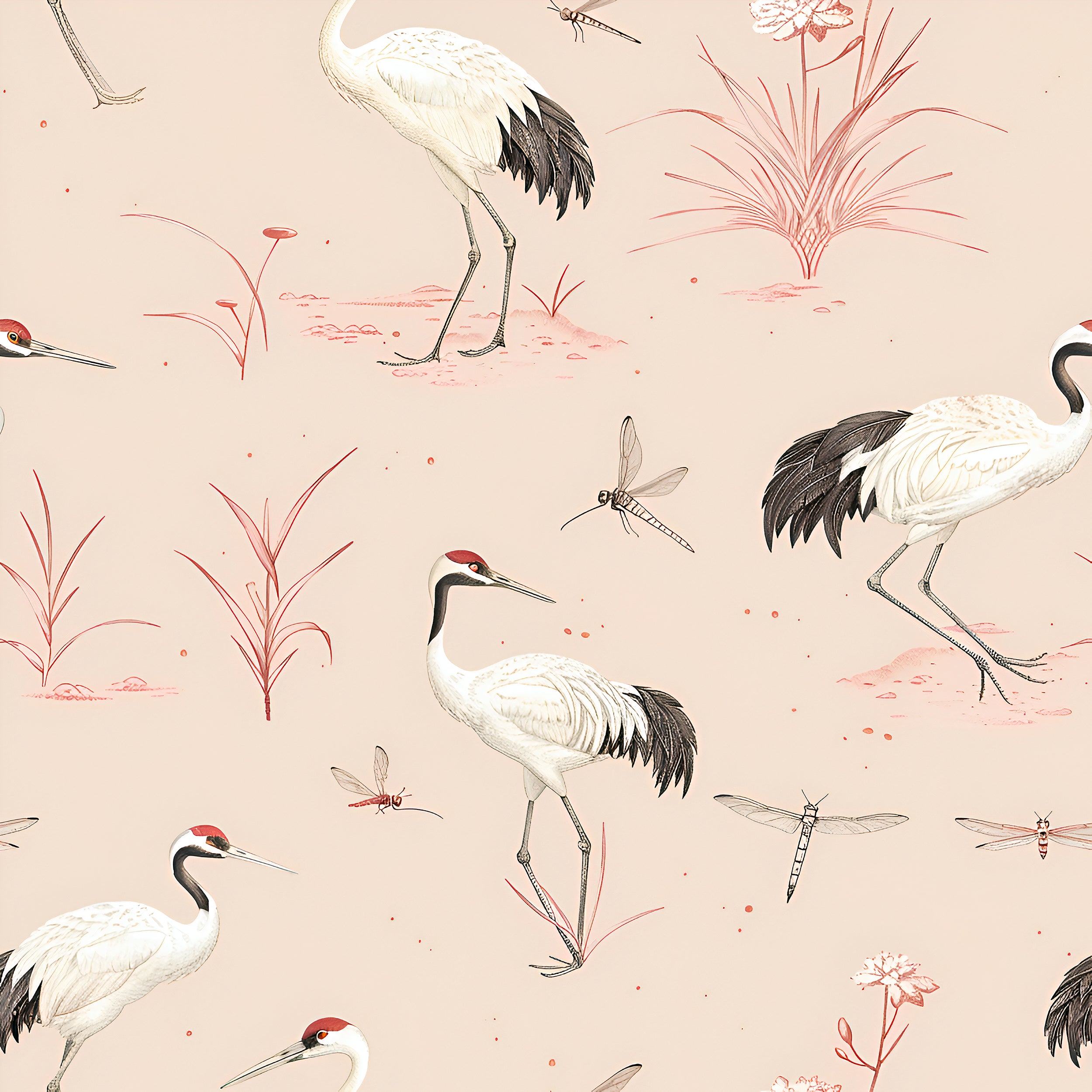 Chinese-inspired pink wallpaper for accent walls Peel and stick removable soft pink crane wallpaper