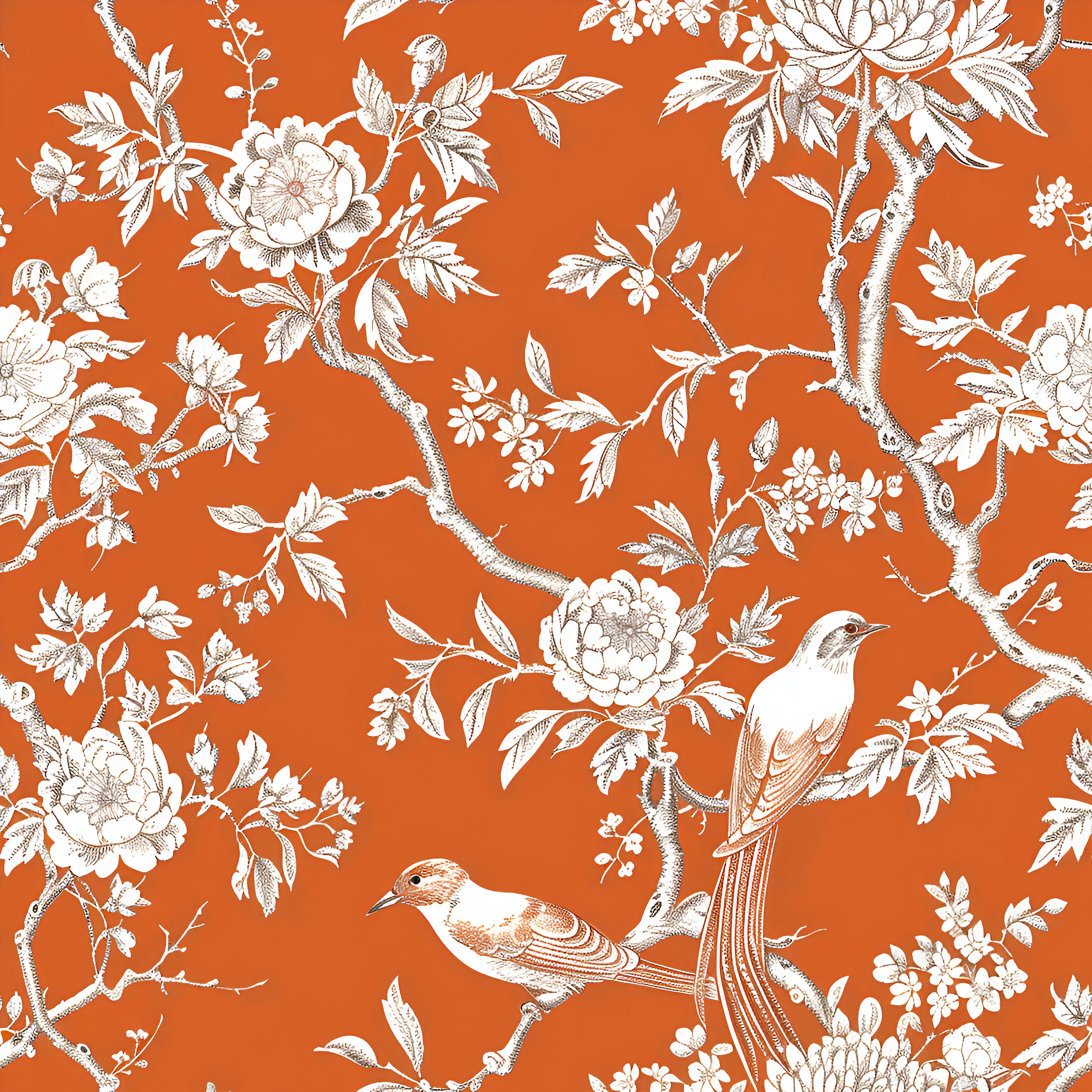 Birds and flowers wall decor in orange botanical theme Removable orange botanical wallpaper for living rooms