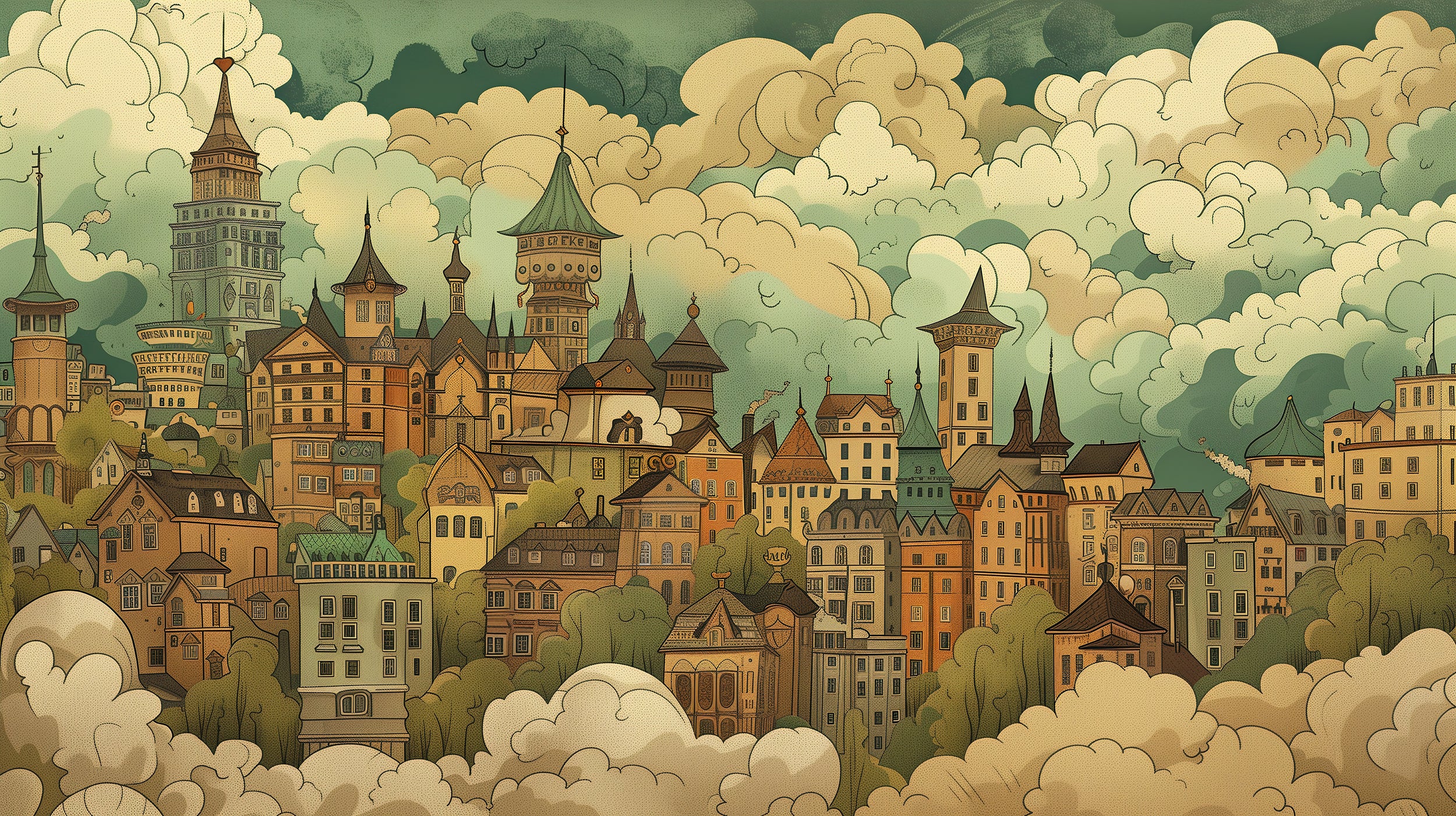 Peel and stick vintage city wall mural Fairytale houses in the sky wall decor