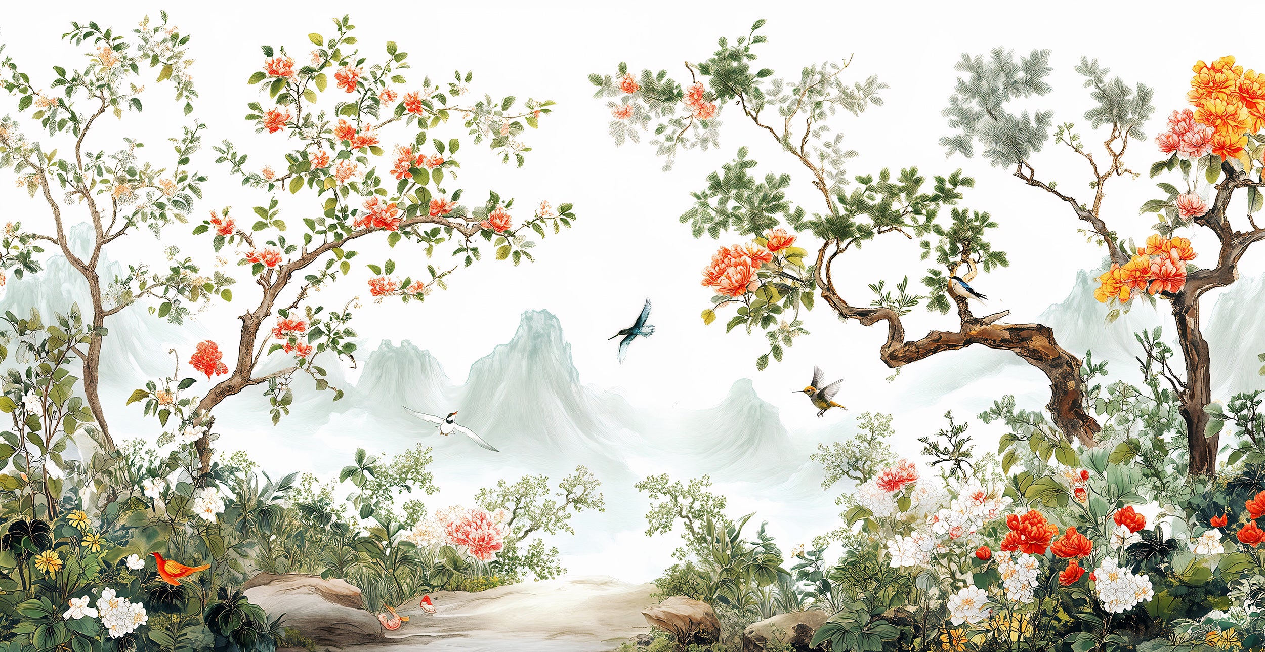 Chinoiserie-style scenic wall art Peel and stick Japanese blossom mural