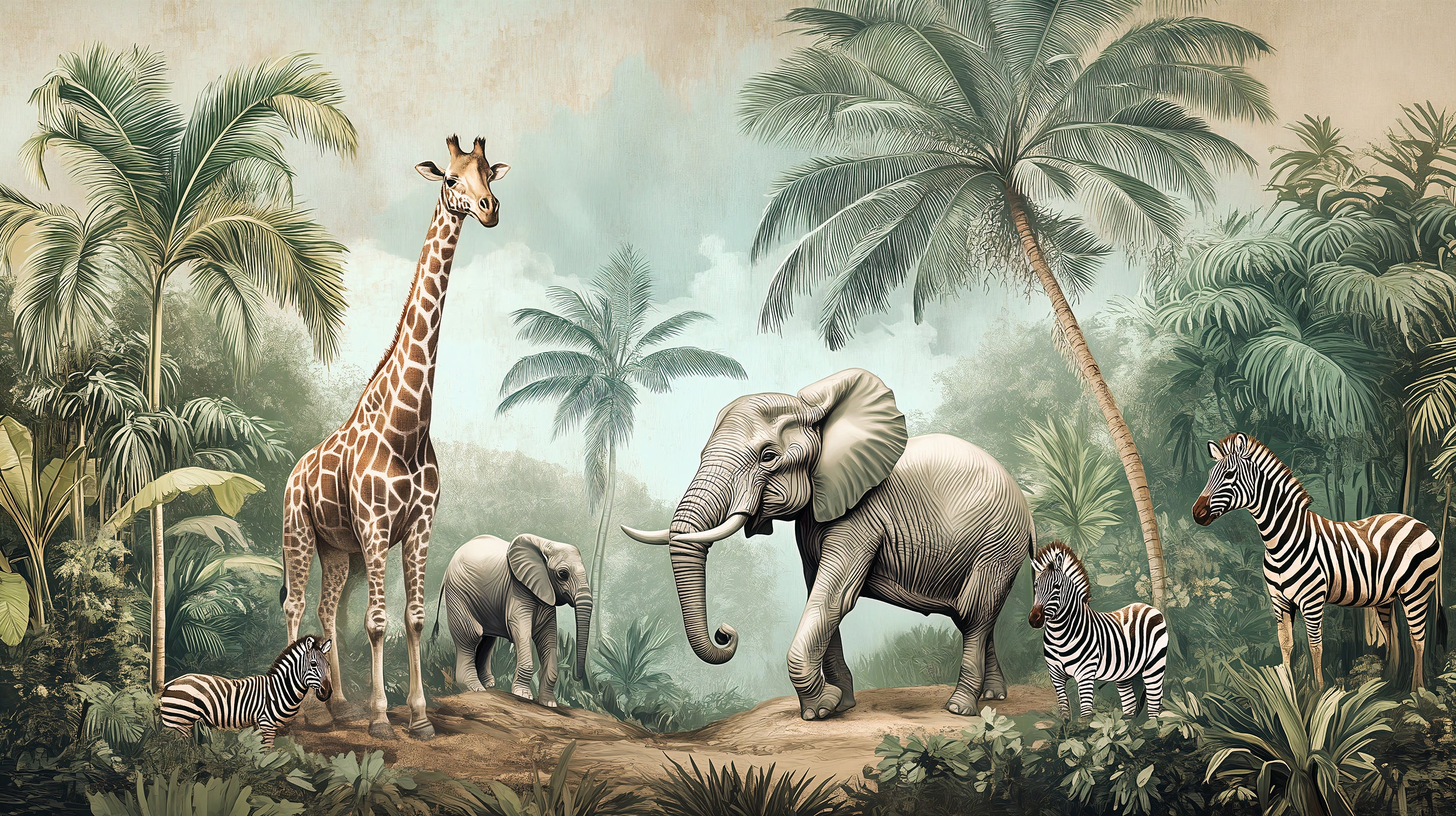 Giraffe, elephant, and zebra tropical wallpaper Removable jungle animals mural for nursery