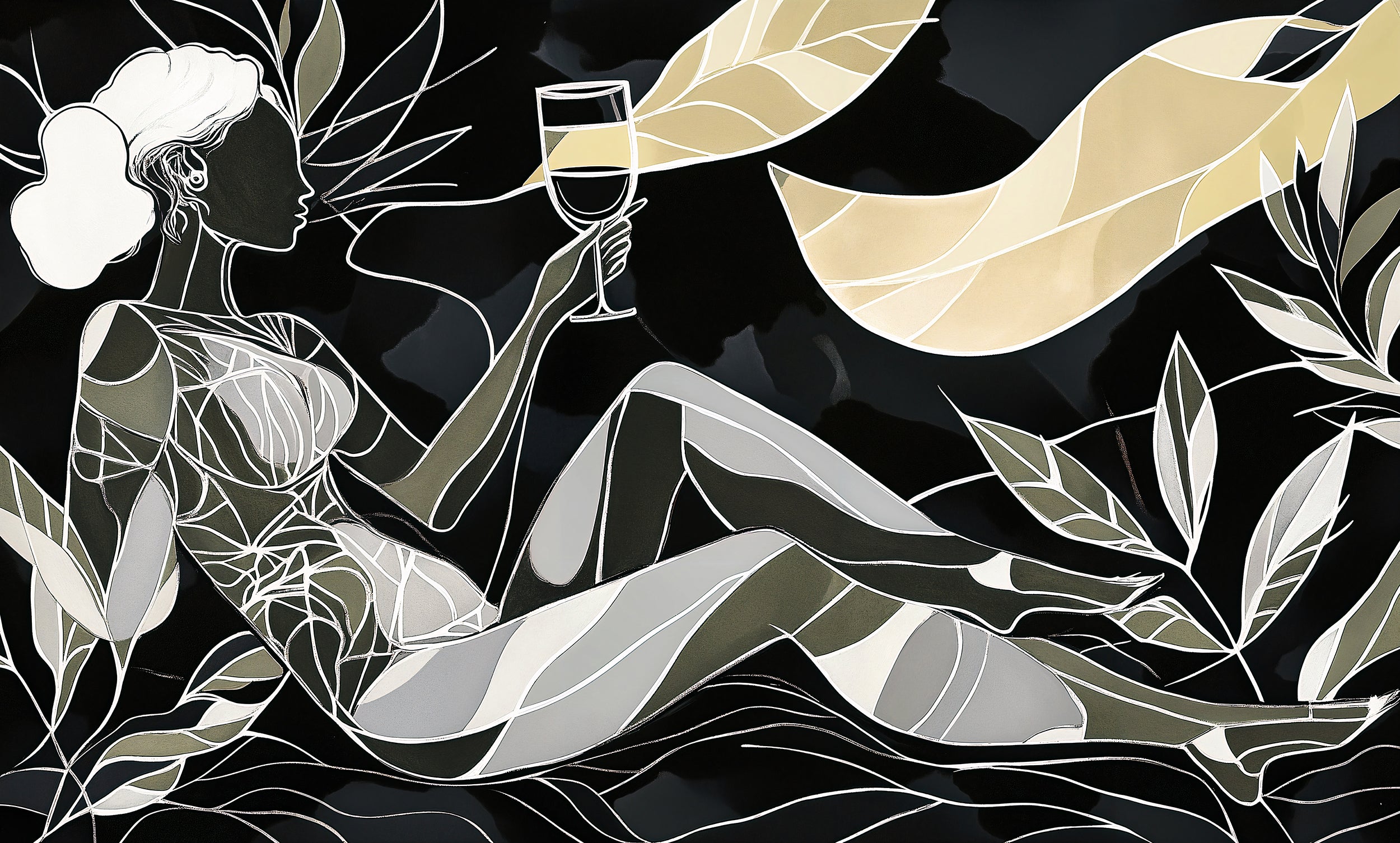 Abstract woman with glass of wine wallpaper Removable Art-Deco style wall decor