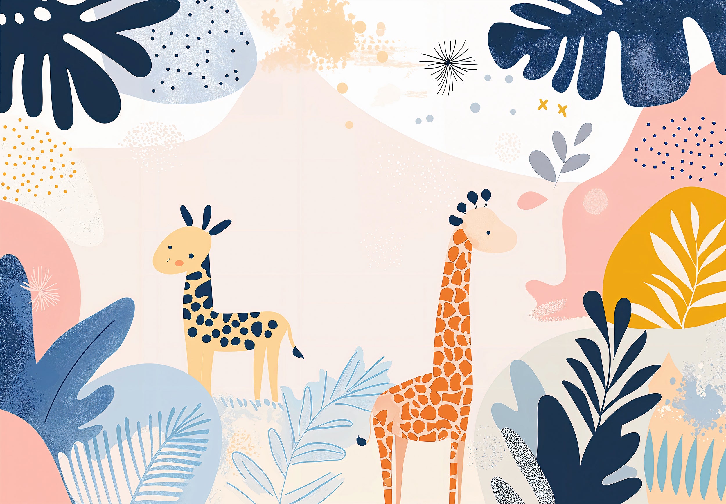 Cute giraffes and leaves nursery decor Removable wall mural with giraffes and pastel leaves