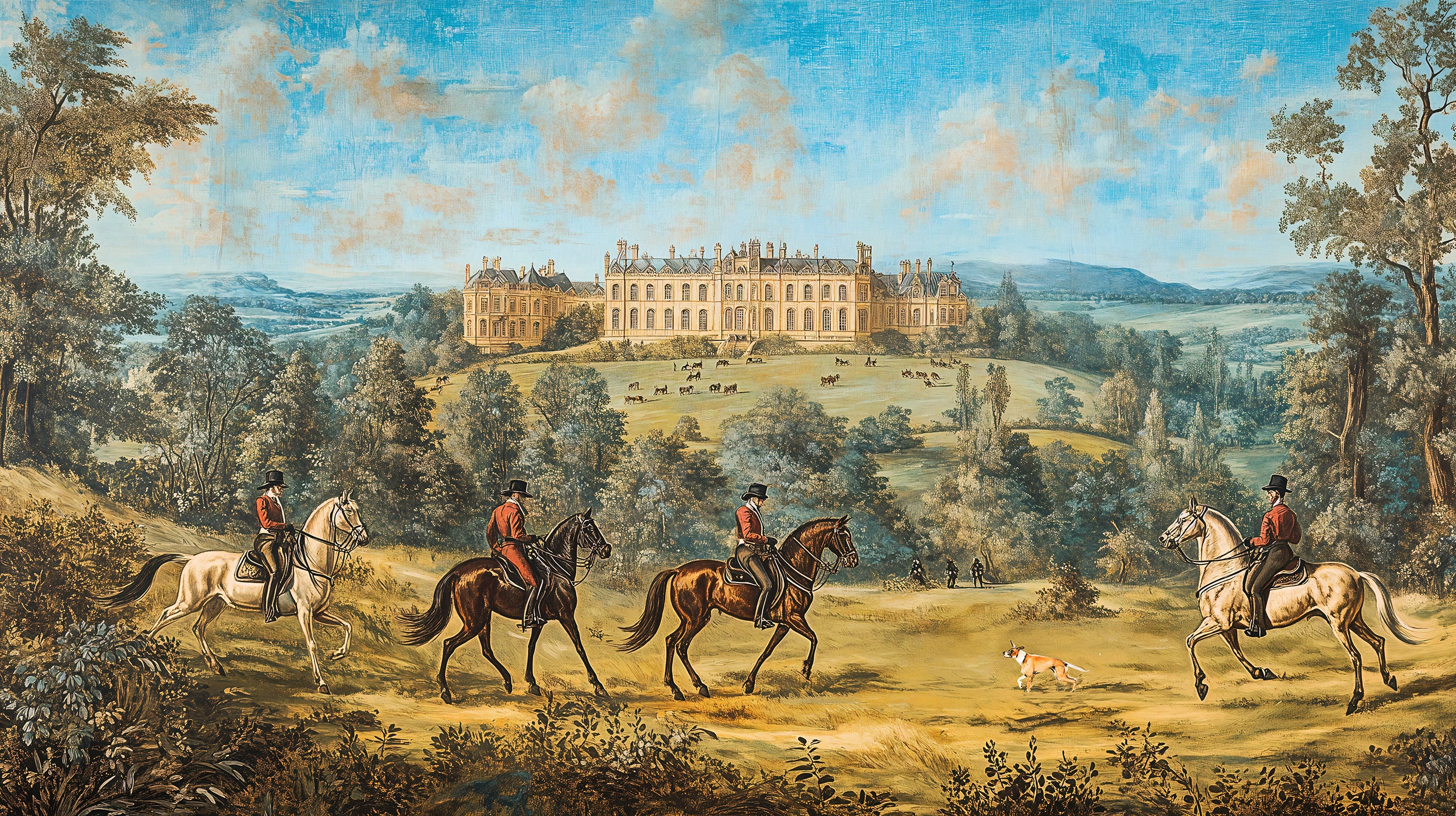 Rural antique painting wall decor for classic rooms Scenic wallpaper with vintage French castle and horses