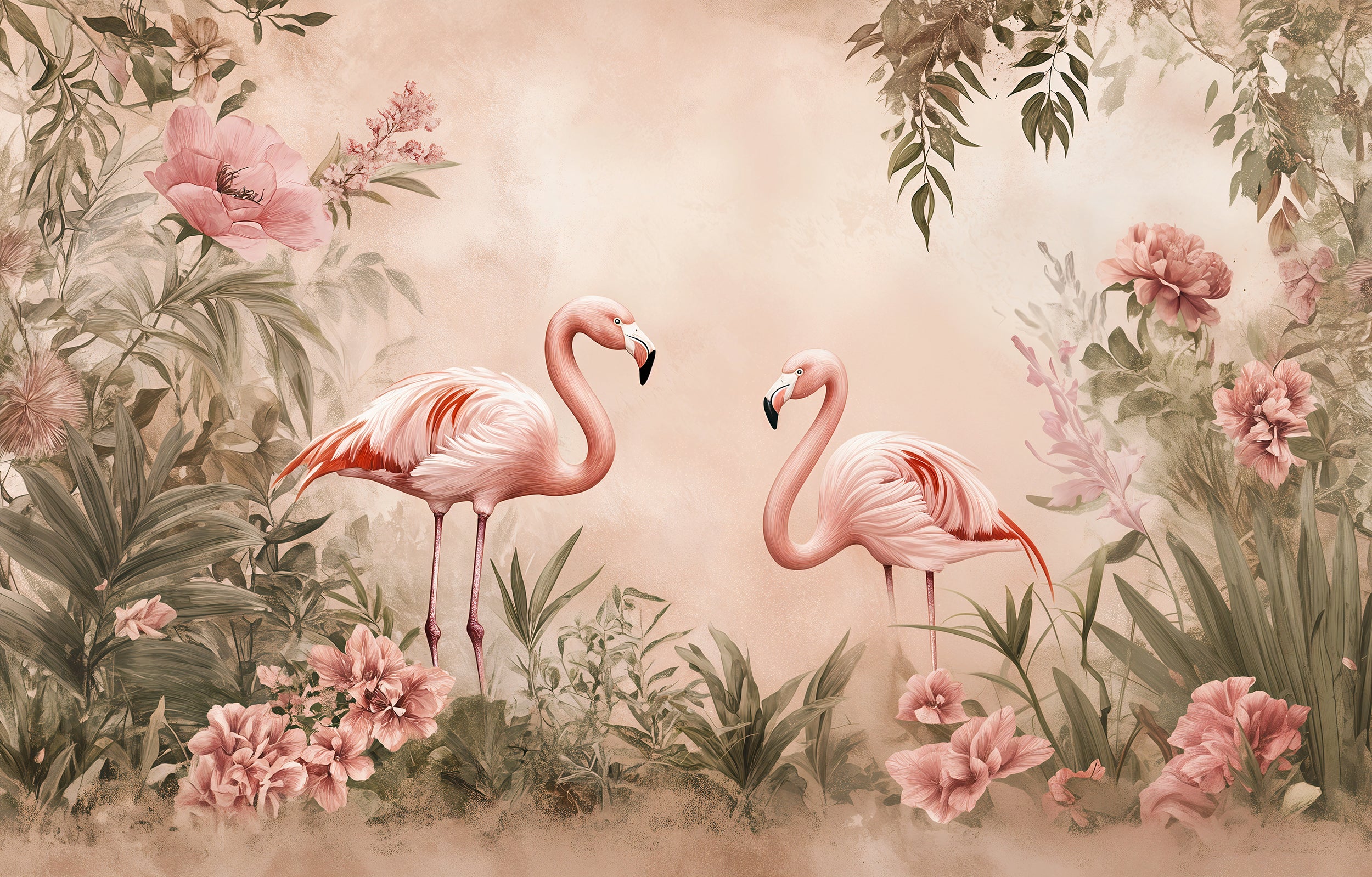 Detailed flamingo mural in soft pink tones for walls Highly detailed birds art wallpaper for coastal rooms