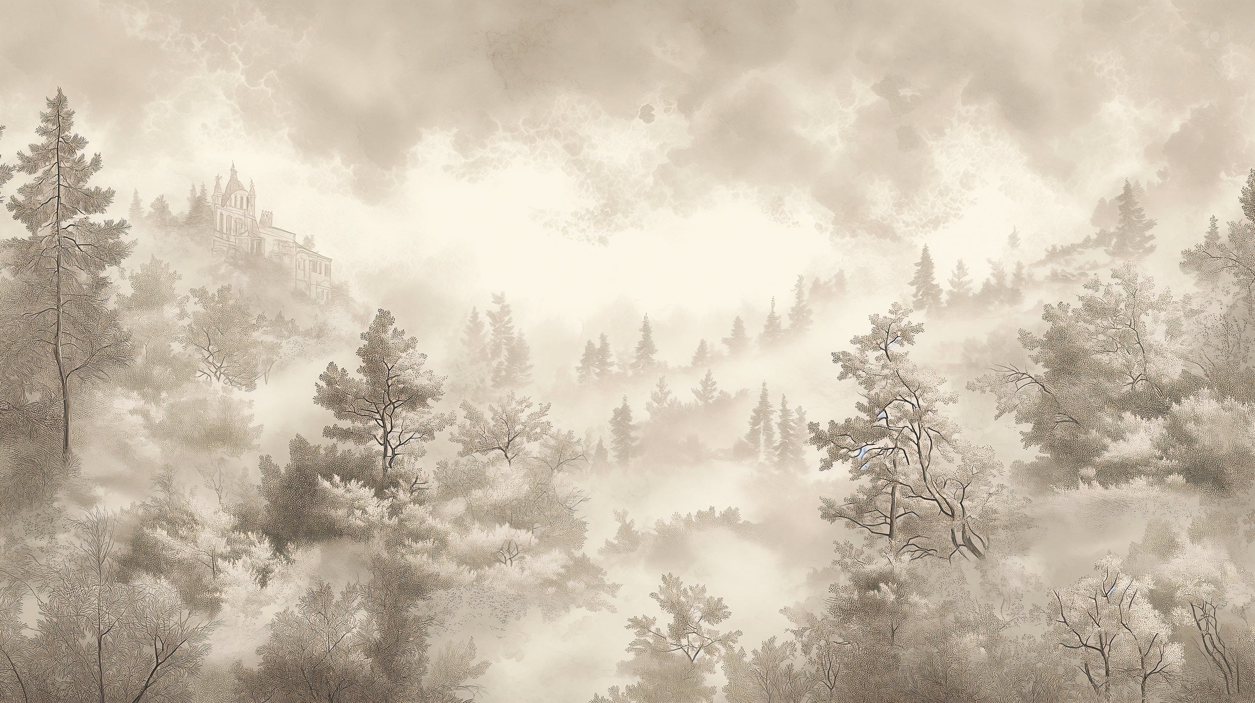 Foggy landscape wallpaper in soft beige tones
Minimalist pine forest mural for bedrooms