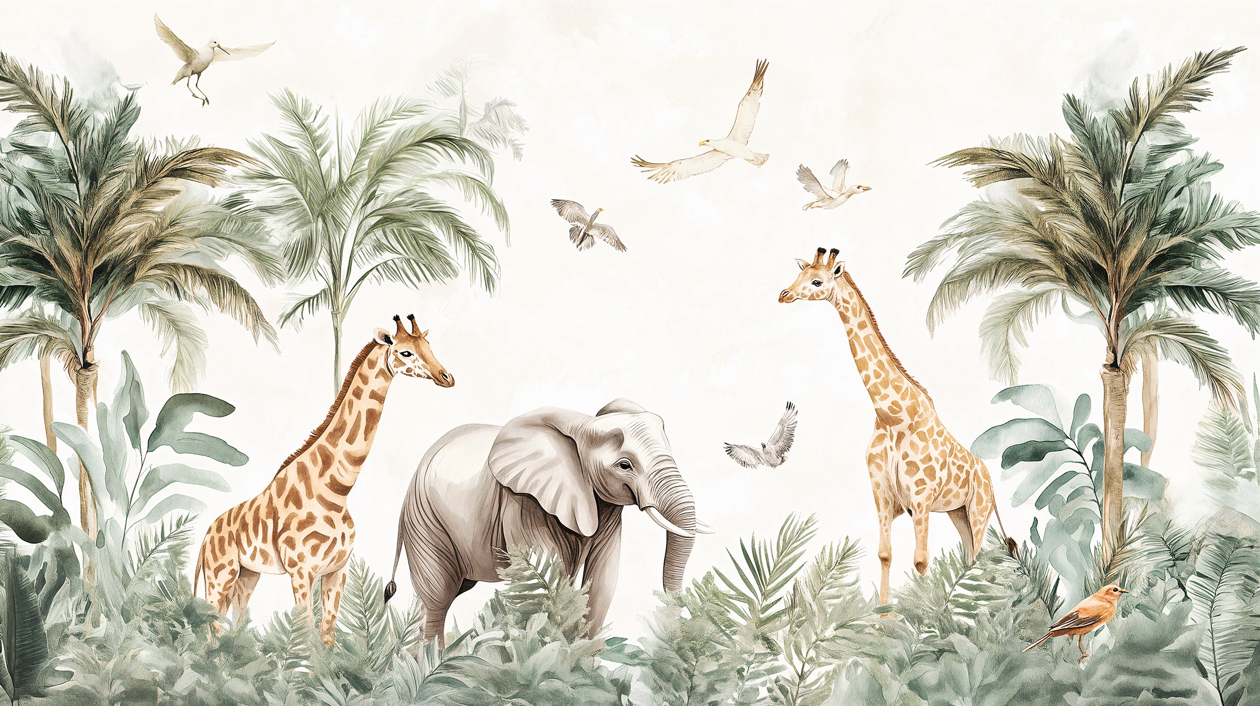 Watercolor jungle mural with giraffes for kids' rooms
Tropical forest animal wallpaper for nurseries