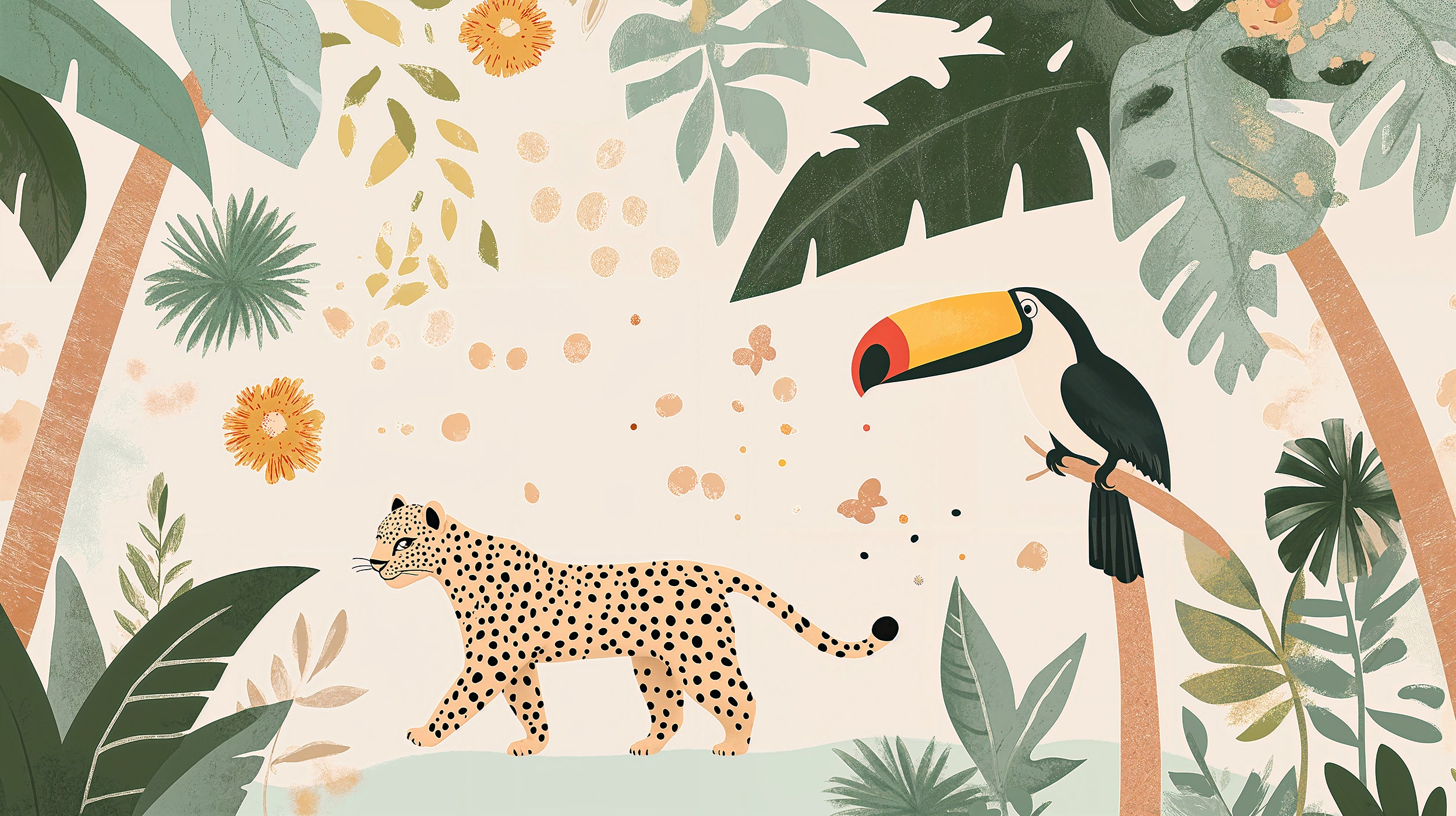 Peel and stick cheetah and toucan wallpaper for nursery
Playful jungle animals wall decor for children's room