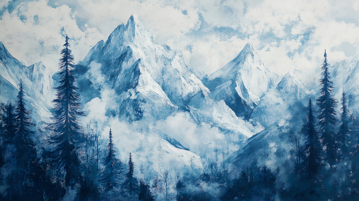 Snowy Mountains Mural - Blue Watercolor Forest and Mountain Wallpaper