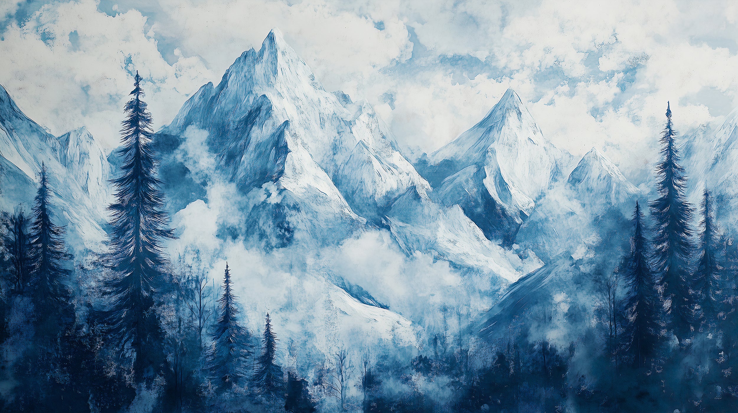 Removable forest and mountain mural in blue tones
Blue watercolor mountain mural for bedroom decor