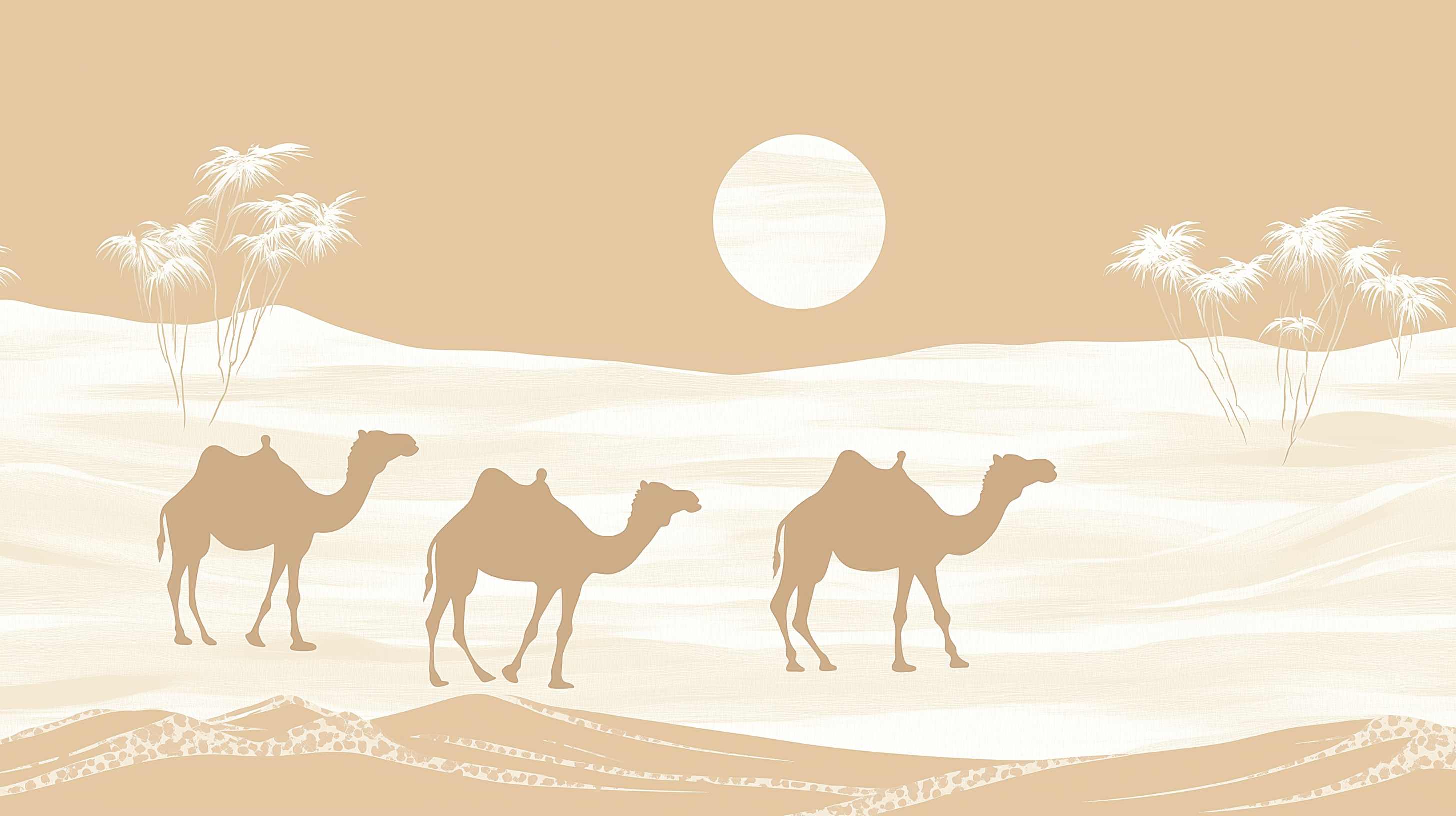 Peel-and-stick desert landscape wallpaper with camels.
Removable desert mural featuring camels and sand dunes.