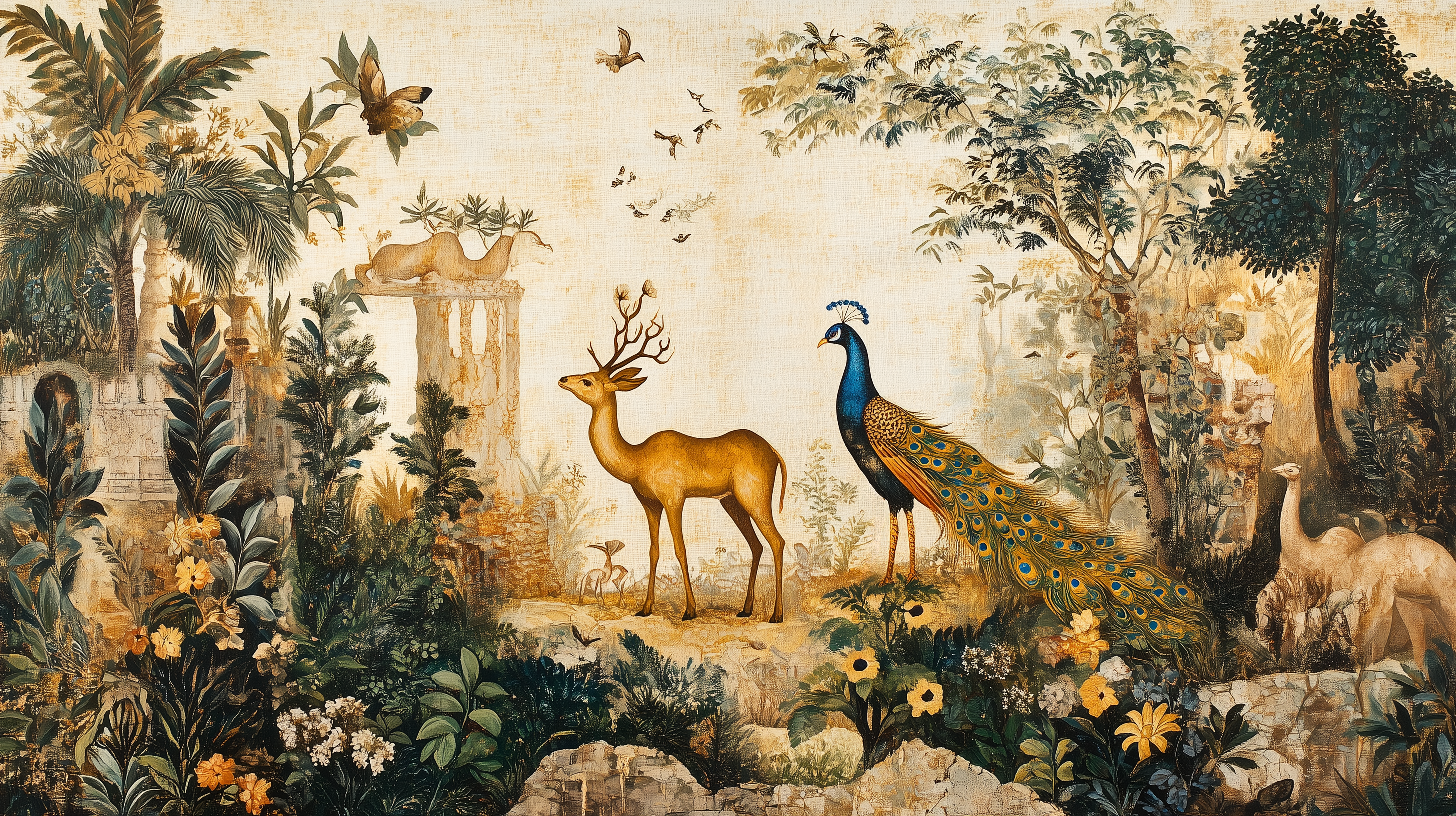 Ancient scenic mural with peacocks and floral details.
Removable Japanese-style wallpaper with botanical themes.