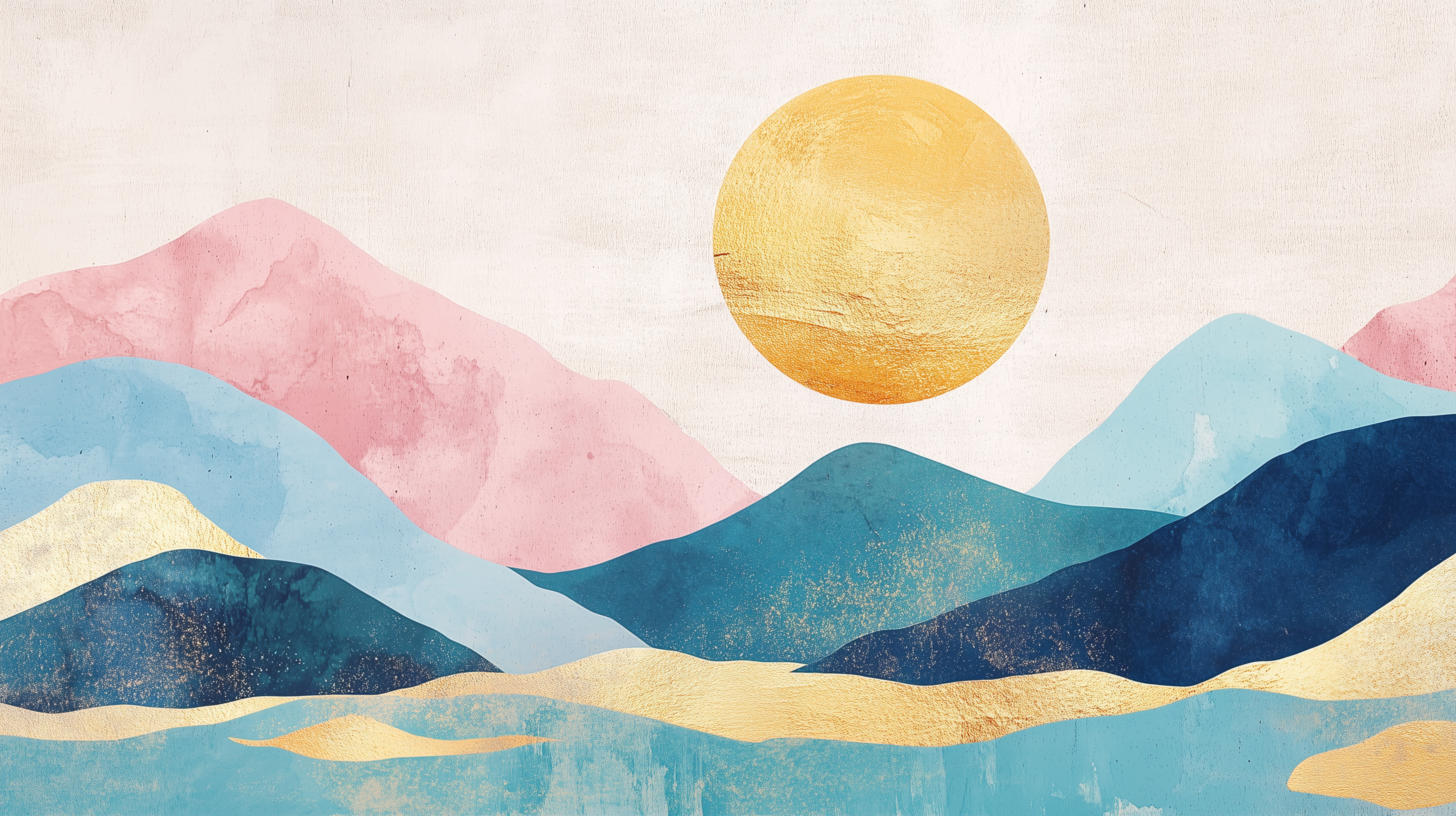 Pastel-colored mural with abstract mountain design.
Tranquil mountain and sun wall art in soft tones.