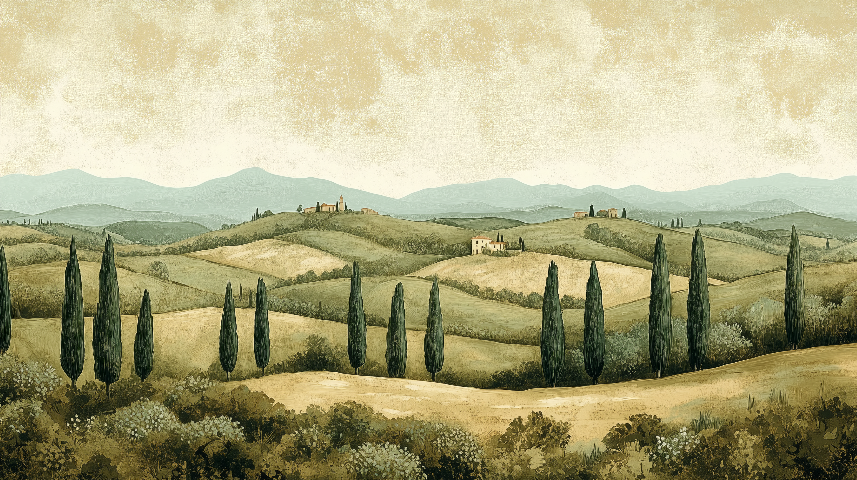 Peel-and-stick mural with lush green field design.
Removable mural with watercolor Italian countryside.