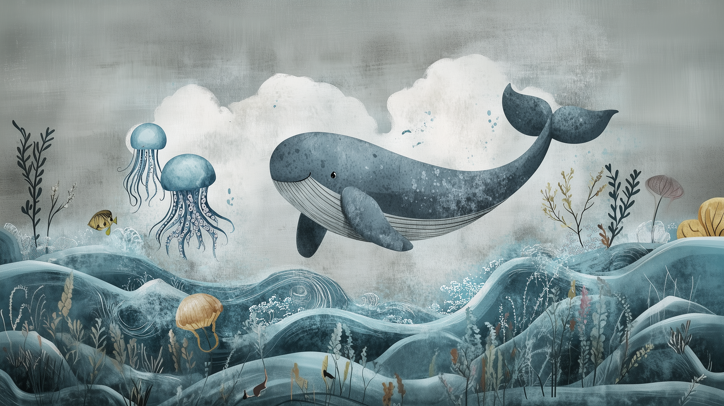 Peel-and-stick ocean mural featuring underwater creatures.
Removable underwater life mural with jellyfish and whales.