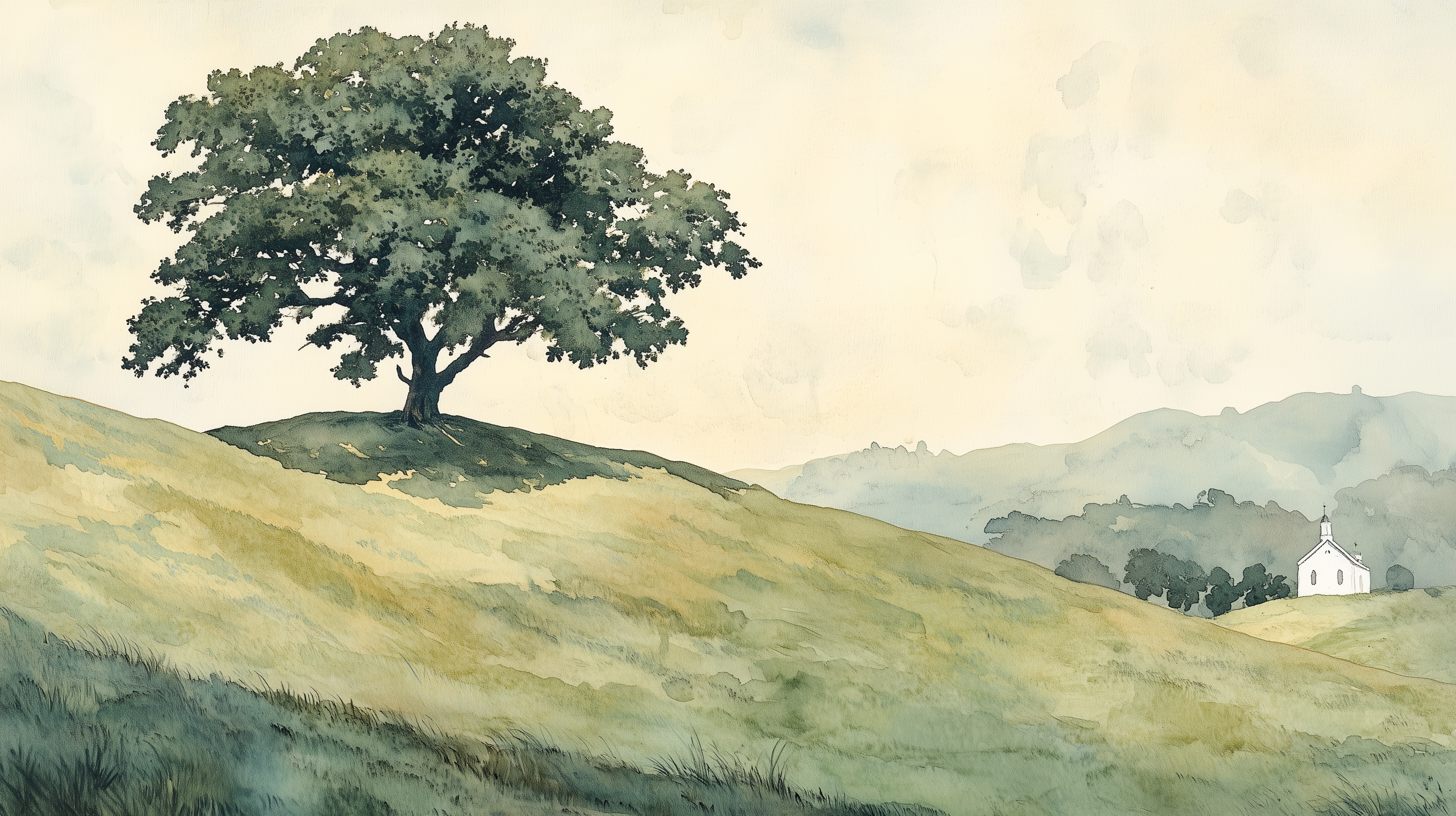 Scenic watercolor wallpaper featuring a lone tree.
Serene green grass and tree landscape mural.